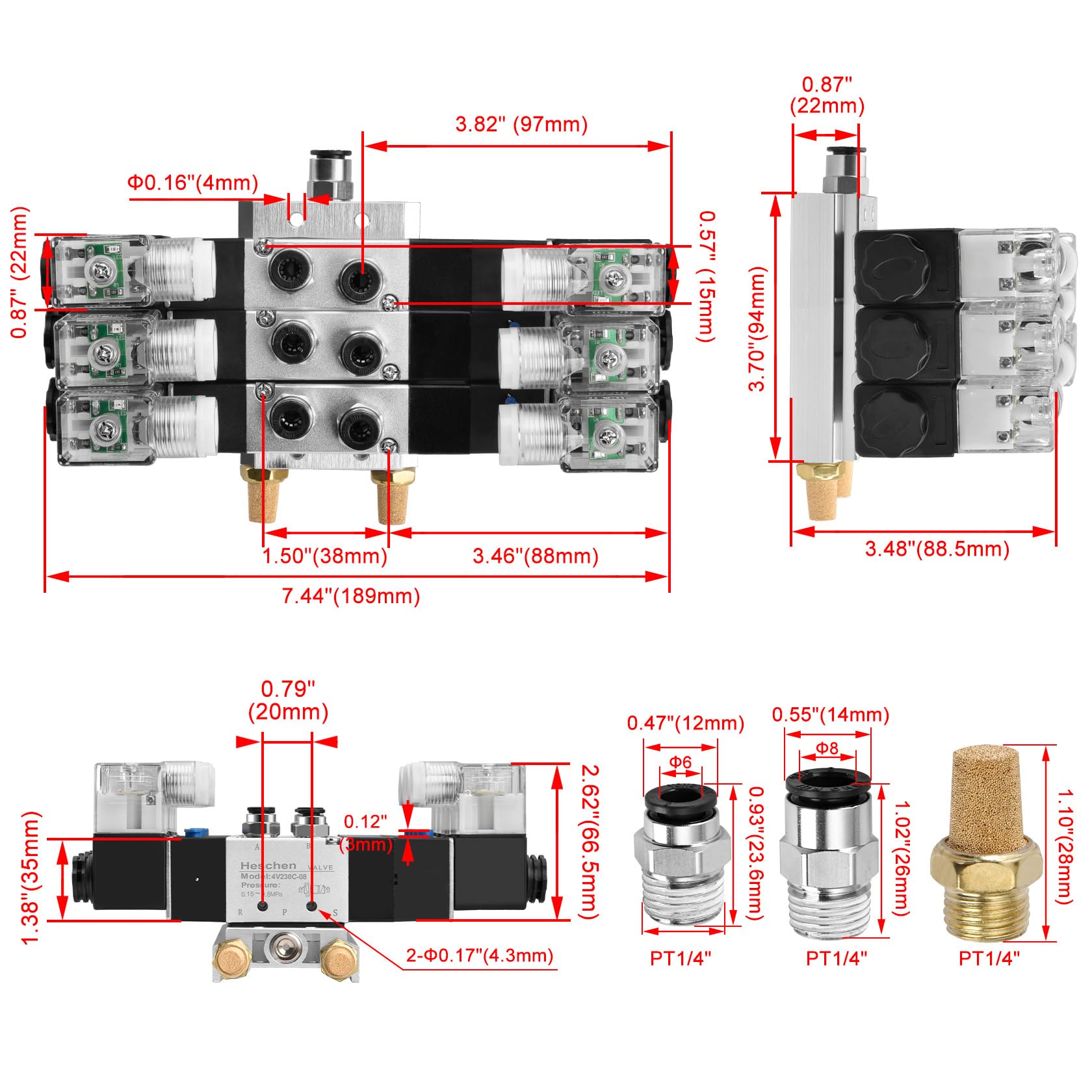 Heschen 4V230C-08 - Juego de colector de válvula solenoide triple neumática eléctrica, 24 V CC, PT 0.25 pulgadas, 5 vías, 3 posiciones centrales cerradas, kit completo con base de colector
