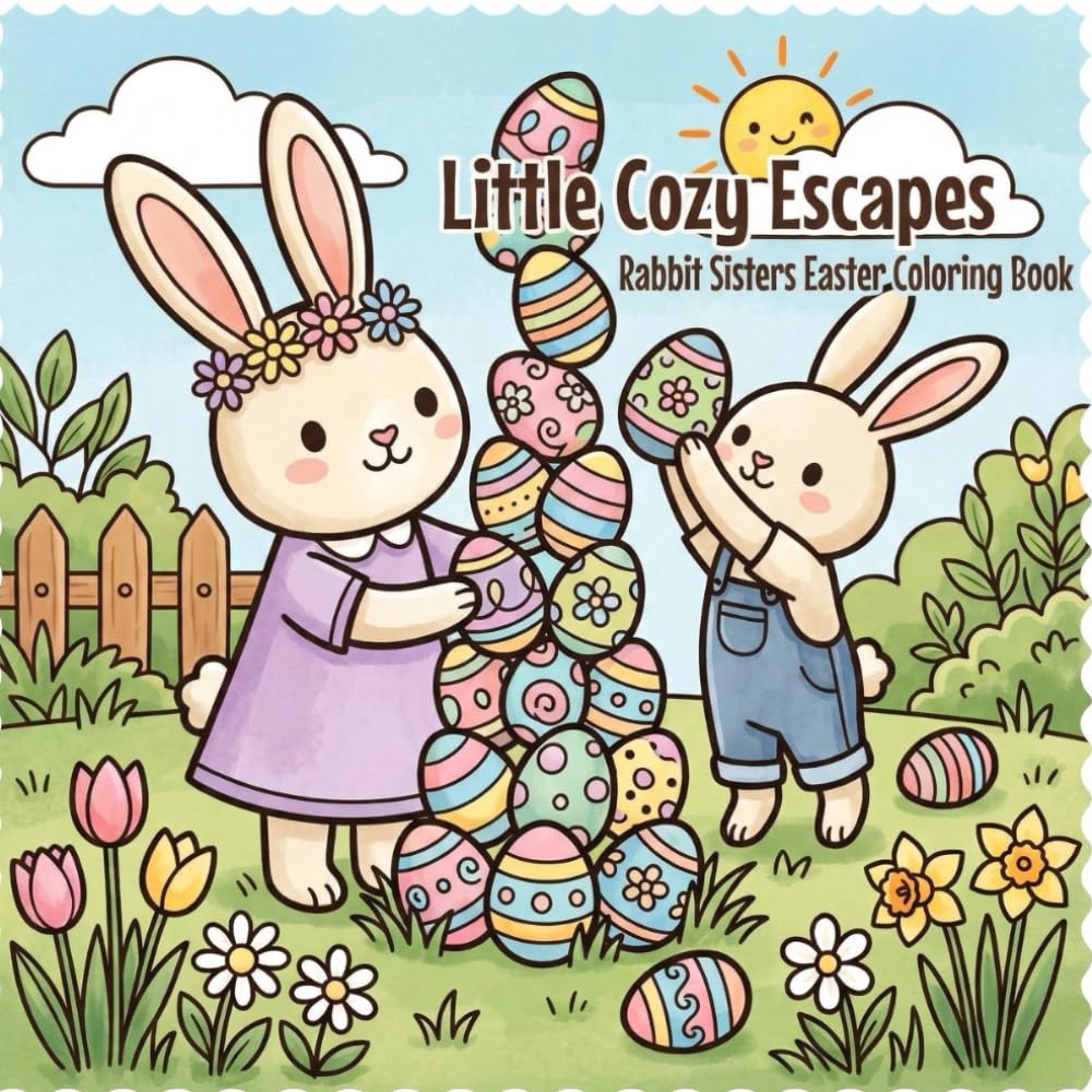 Little Cozy Escapes Rabbit Sisters: Cute Cozy Spring Coloring Pages with Adorable Bunny Sisters and Easter Eggs