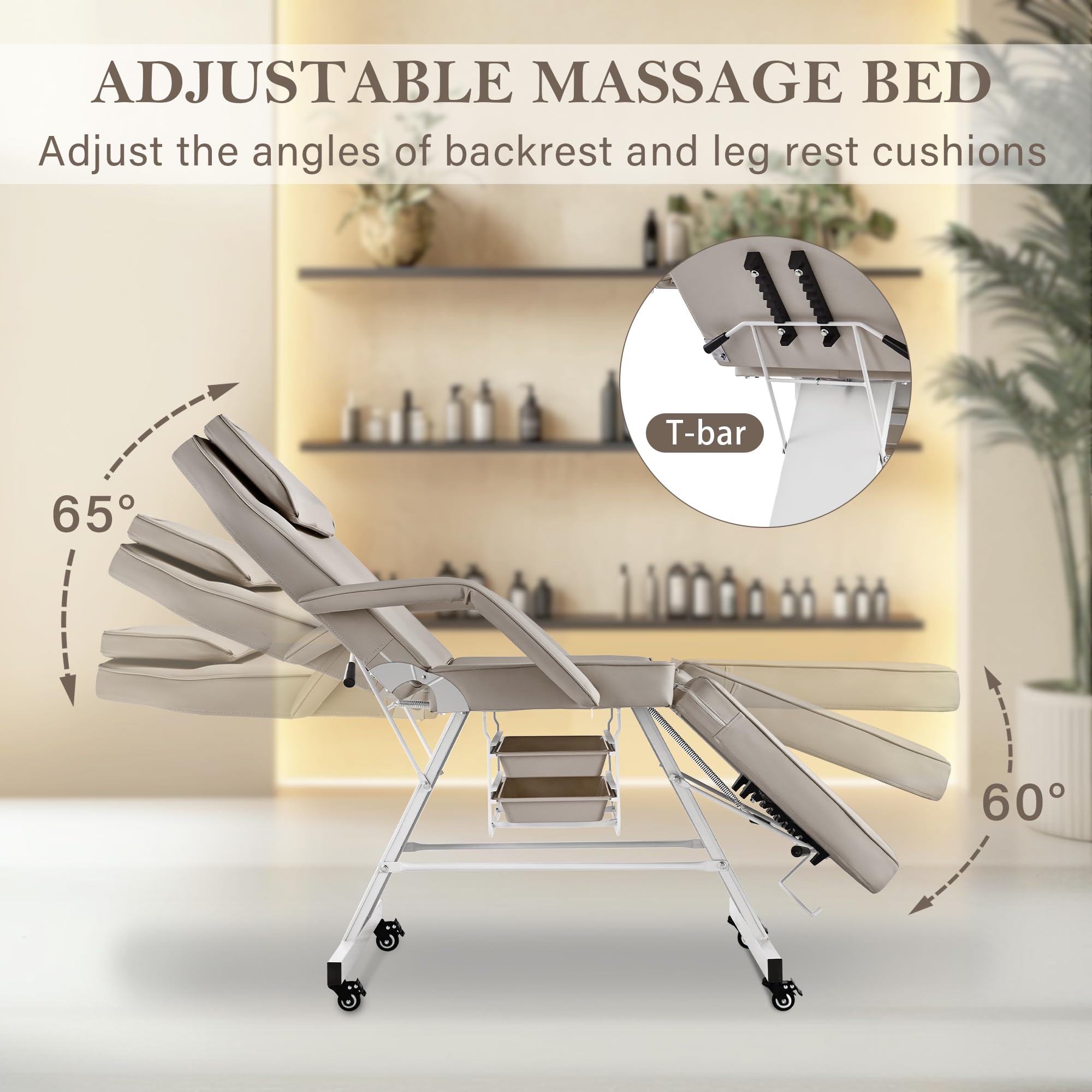 Facial Tattoo Chair for Client with Wheel, Esthetician Lash Bed for Beauty Salon with Rolling Stool, Multipurpose Adjustable Headrest Massage Tattoo Artist Lockable Armchair, Waterproof Leather -Grey