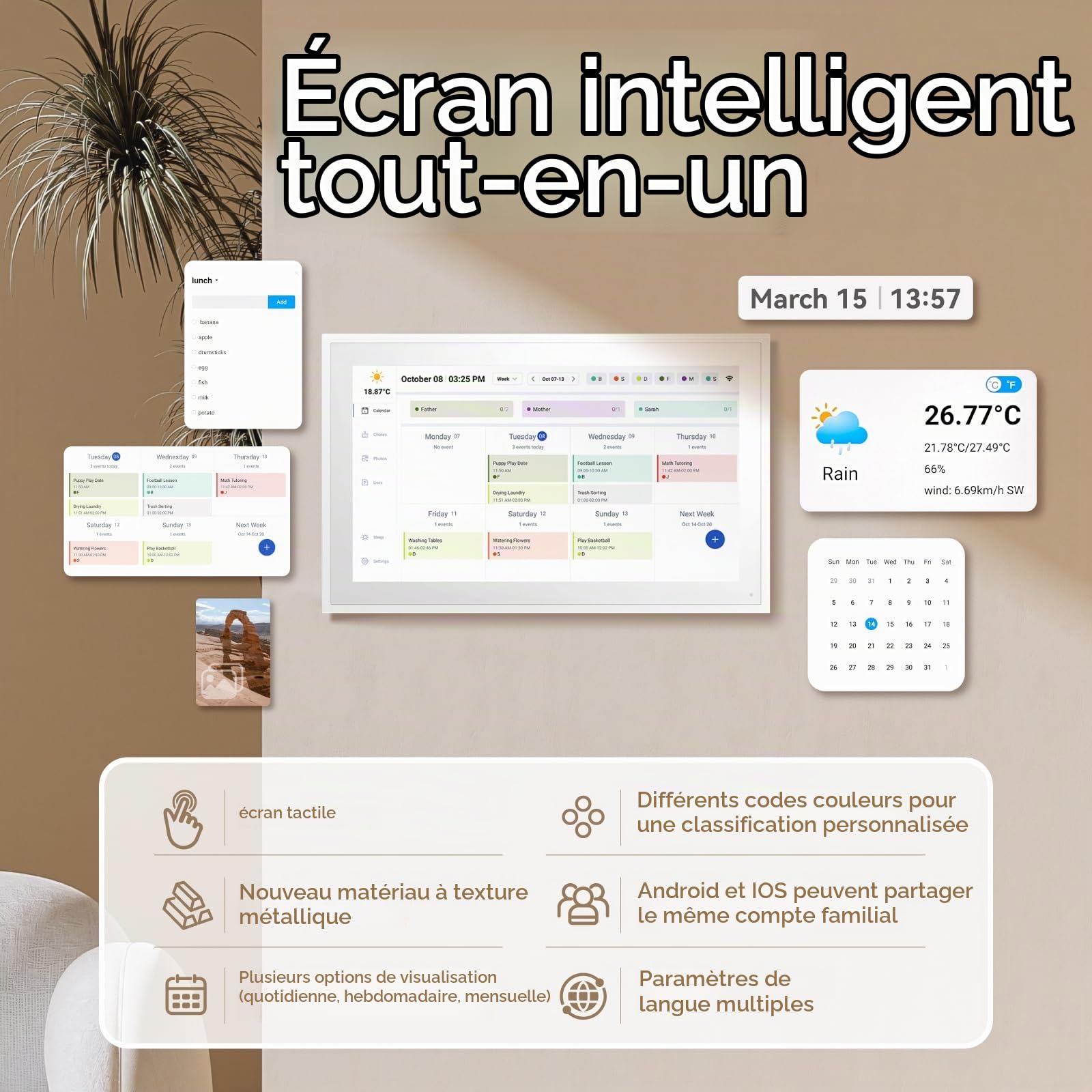 ISTOYO Calendrier Numérique, Calendrier Mural électronique Intelligent de 39,6 cm/ 15,6 pouces avec Photos pour le Partage Vidéo, Plans Simplifiés de Famille/Bureau/école/événement