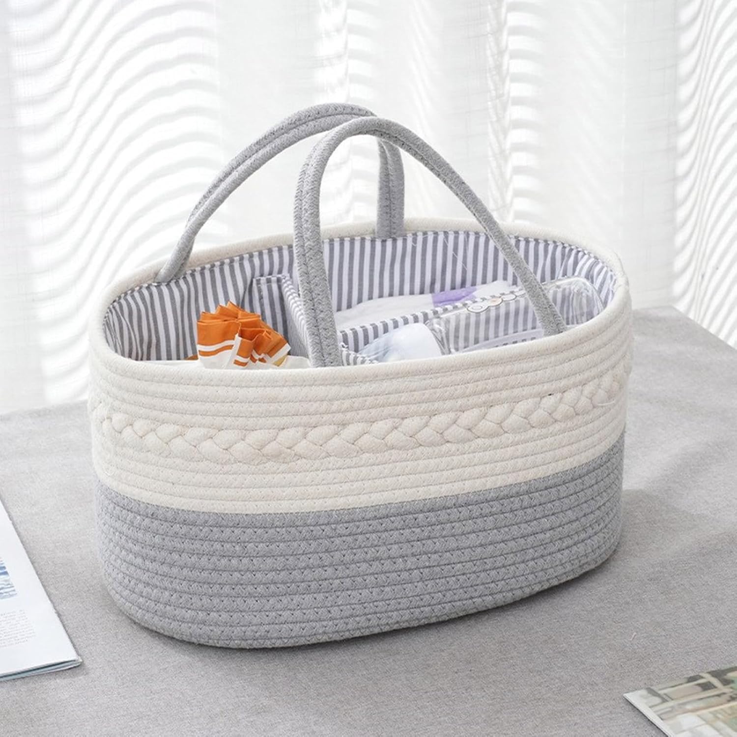 Large Cotton Rope Baby Product Storage Basket for Diapers Nappy Wet Wipes Organization with Detachable Partition