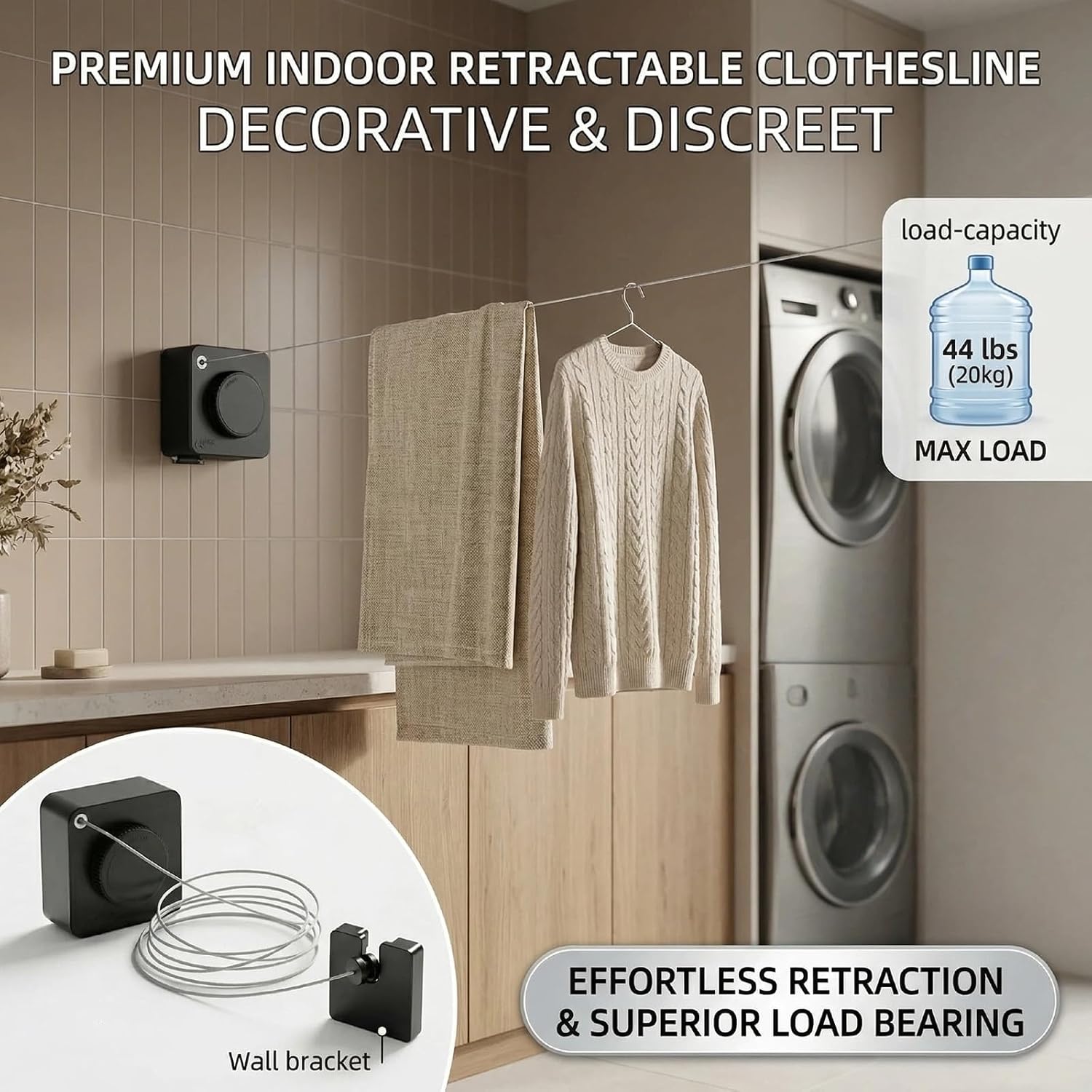 15.7 Ft Retractable Clothesline Indoor/Outdoor – Stainless Steel Retractable Clothes Line, Wall Mounted Laundry Drying Line, Anti-sag Clothesline for Balcony Apartment Bathroom RV
