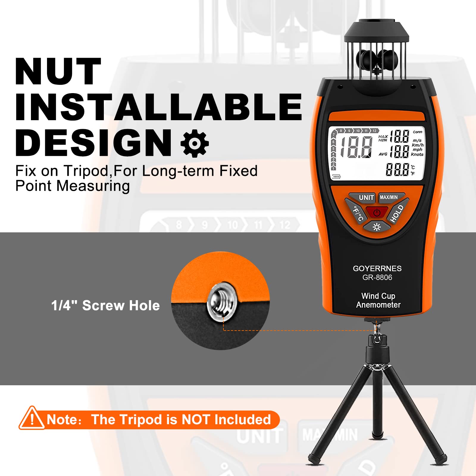 Cyfrowy anemometr ręczny, GR-8806 wiatromierz Air Velocity Tester Measure Wind Speed m/s, km/h, mph, Knots Temperature ℃ /℉ Support Tripod Screw, Data Retention, Backlight