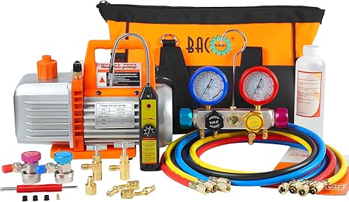 BACOENG Juego de bomba de vacío y medidor de CA de 4.5CFM, kit de bomba de vacío HVAC de 4 vías con detector de fugas para refrigerantes R134a R22