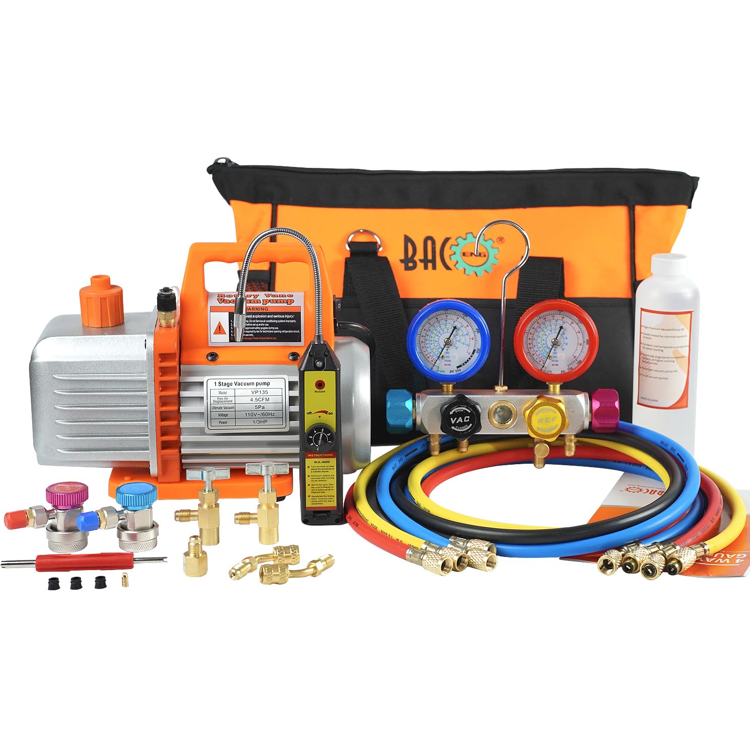 BACOENG 4.5CFM AC Vacuum Pump and Gauge Set, 4 Way HVAC Vacuum Pump Kit with Leak Detector for R134a R410a R22 Refrigerants AUTO/Mini Split Vacuum System, with R134a Quick Couplers, Can Tap &amp; 4 Hoses