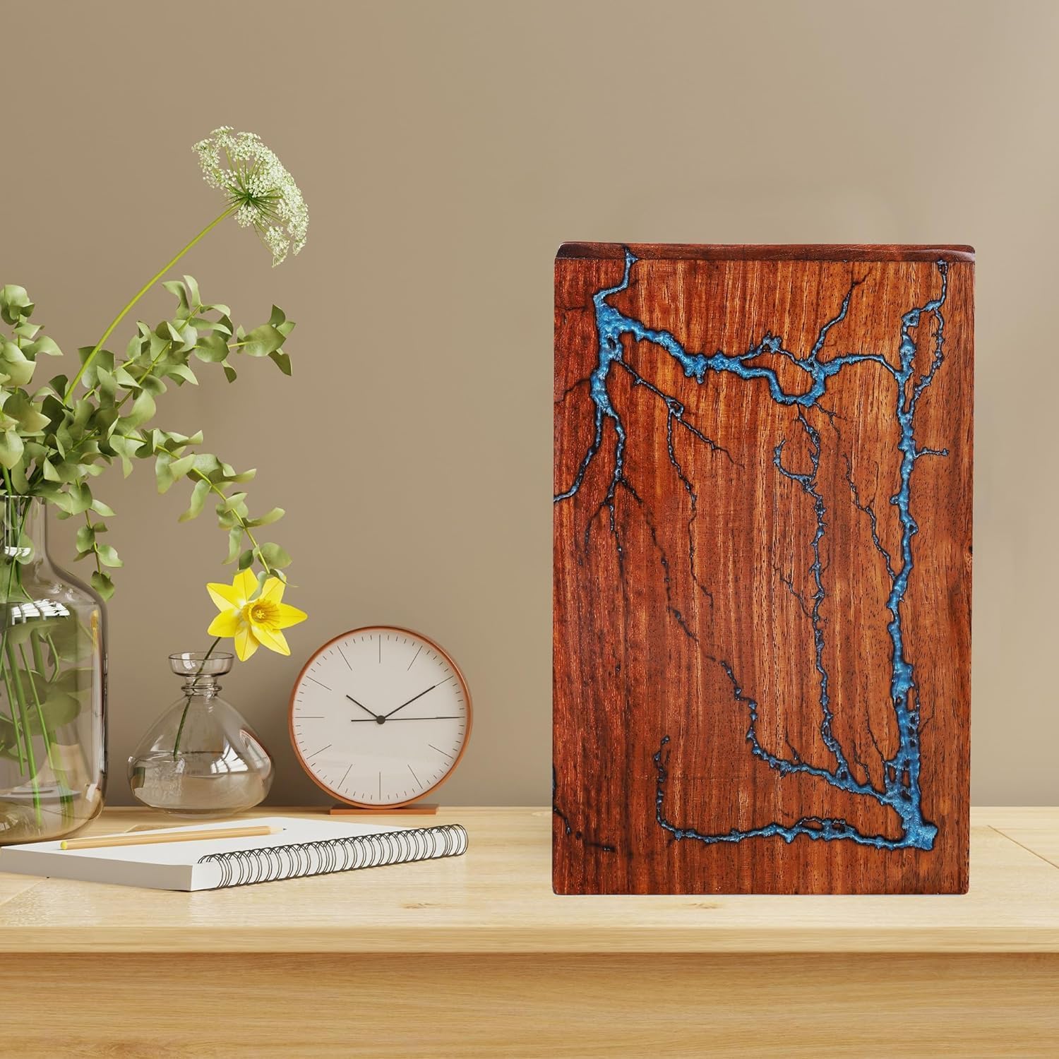 Unique Wooden Urn for Human Ashes Adult Male & Female, Blue Epoxy Resin Handmade Keepsake Cremation Urn Box, Decorative Burial & Funeral Urn with Secured Lid (Small 25 Cu in)
