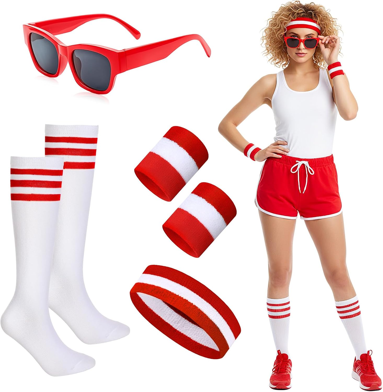Mepase 5 Pcs Women's Retro Costume Set Cotton Running Workout Shorts 80s 90s Sweatband Set Sunglasses Striped Socks