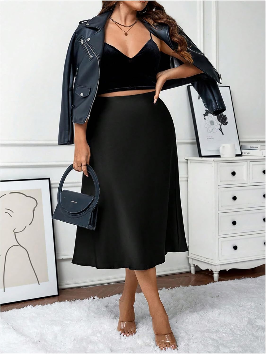 Floerns Women's Plus Size Satin Ruffle Hem Casual Skirt Silk High Waist Solid Color Party Wedding Flowy A Line Midi Skirt - Image 4