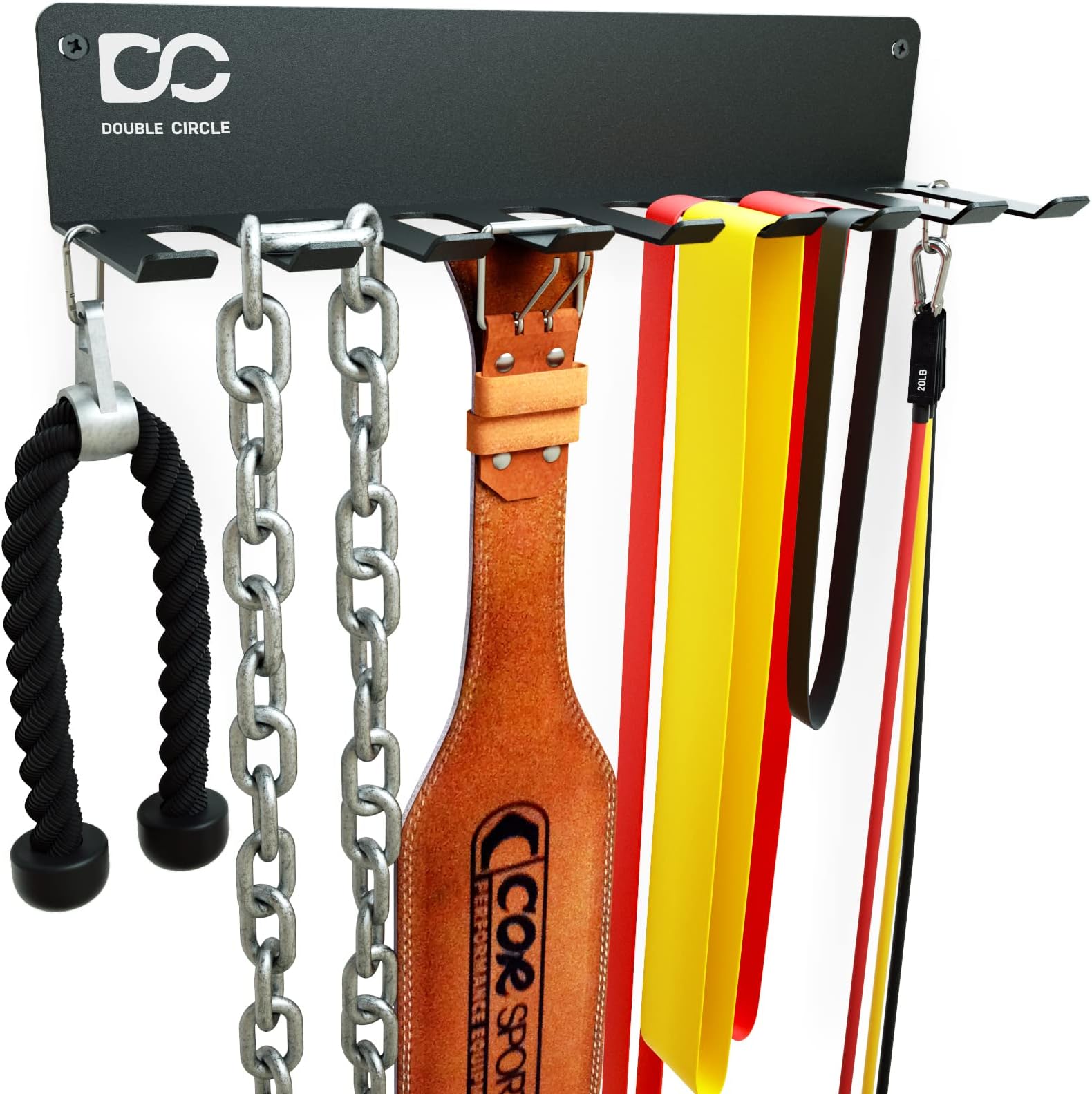 Double Circle Gym Equipment Storage Rack - Multi Purpose Gym Equipment Wall Rack Hanger for Pro Home Gym Storage for Exercise Bands, Barbell Bar, Jump Ropes, Chains, Lifting Belts (17" - Hooks)