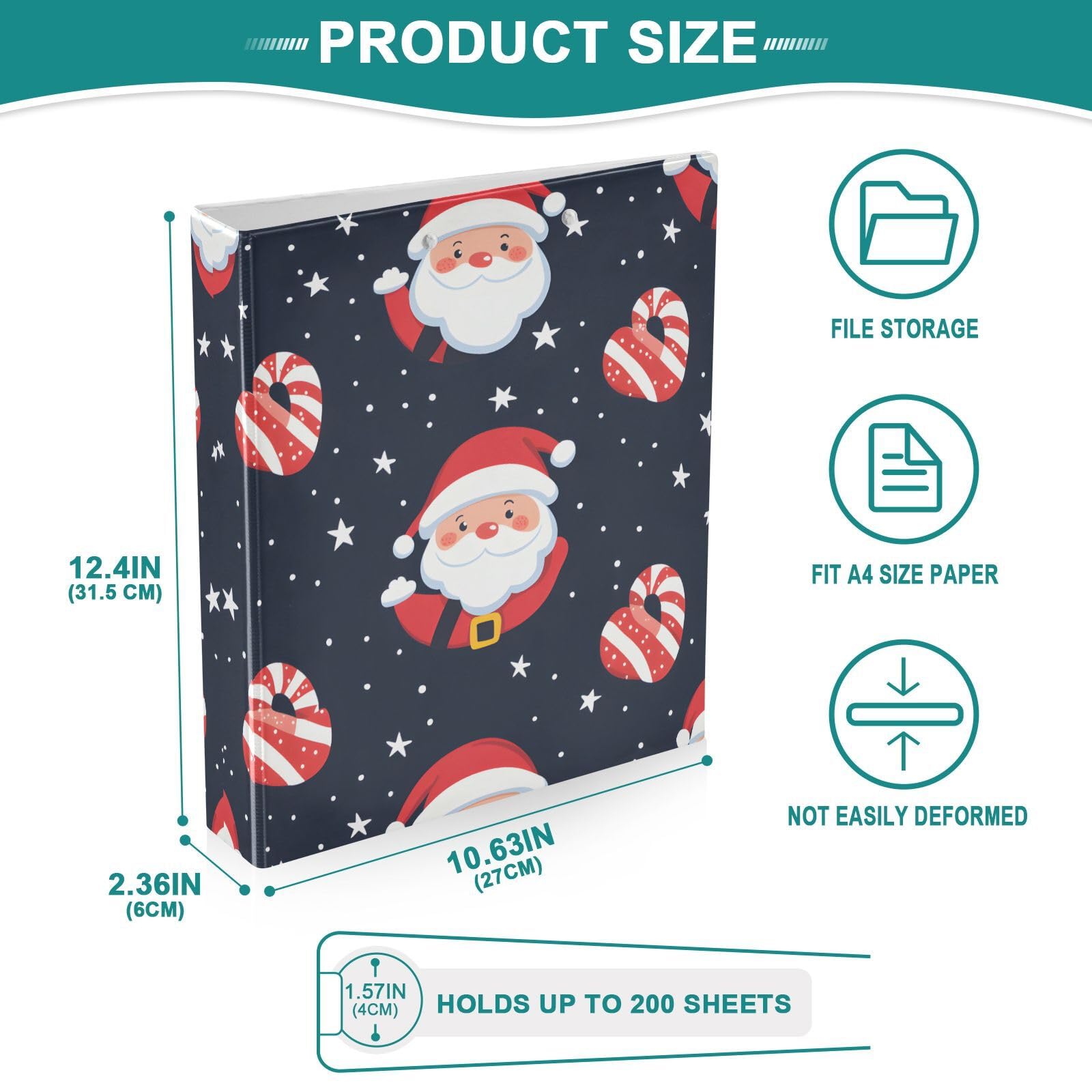 Confezione da 2 raccoglitori a 3 anelli, motivo Babbo Natale, 3,8 cm, con 3 tasche trasparenti, portablocco e contiene 200 fogli, per ufficio, scuola, organizzazione domestica