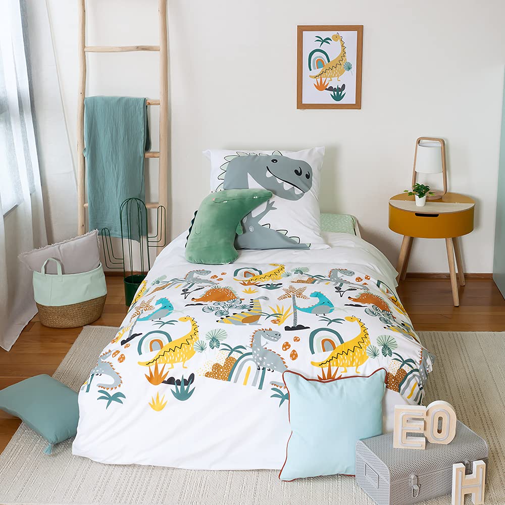 CÔTE DECO Parure da letto per bambini reversibile Dinosauri Jurassik verde, copripiumino 140 x 200 cm + 1 federa 63 x 63 cm, 100% cotone