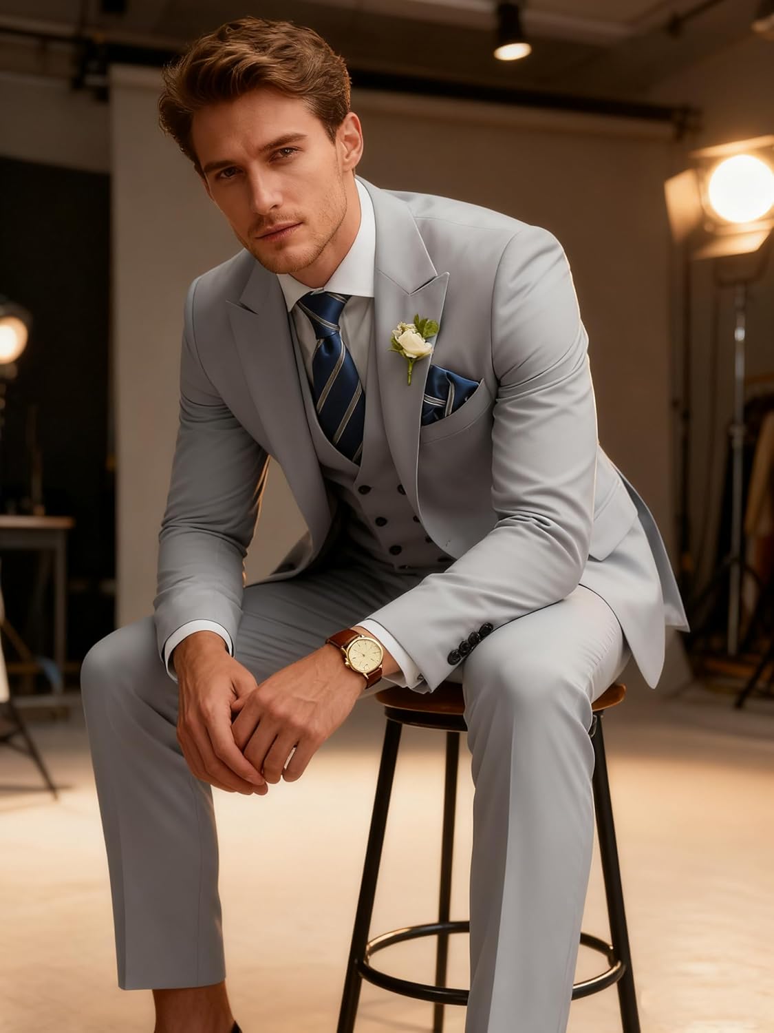 Mens Suit 3 Piece Slim Fit Suits for Men Double Breasted Suit Wedding Prom Suits Formal Business Dinner Tuxedo