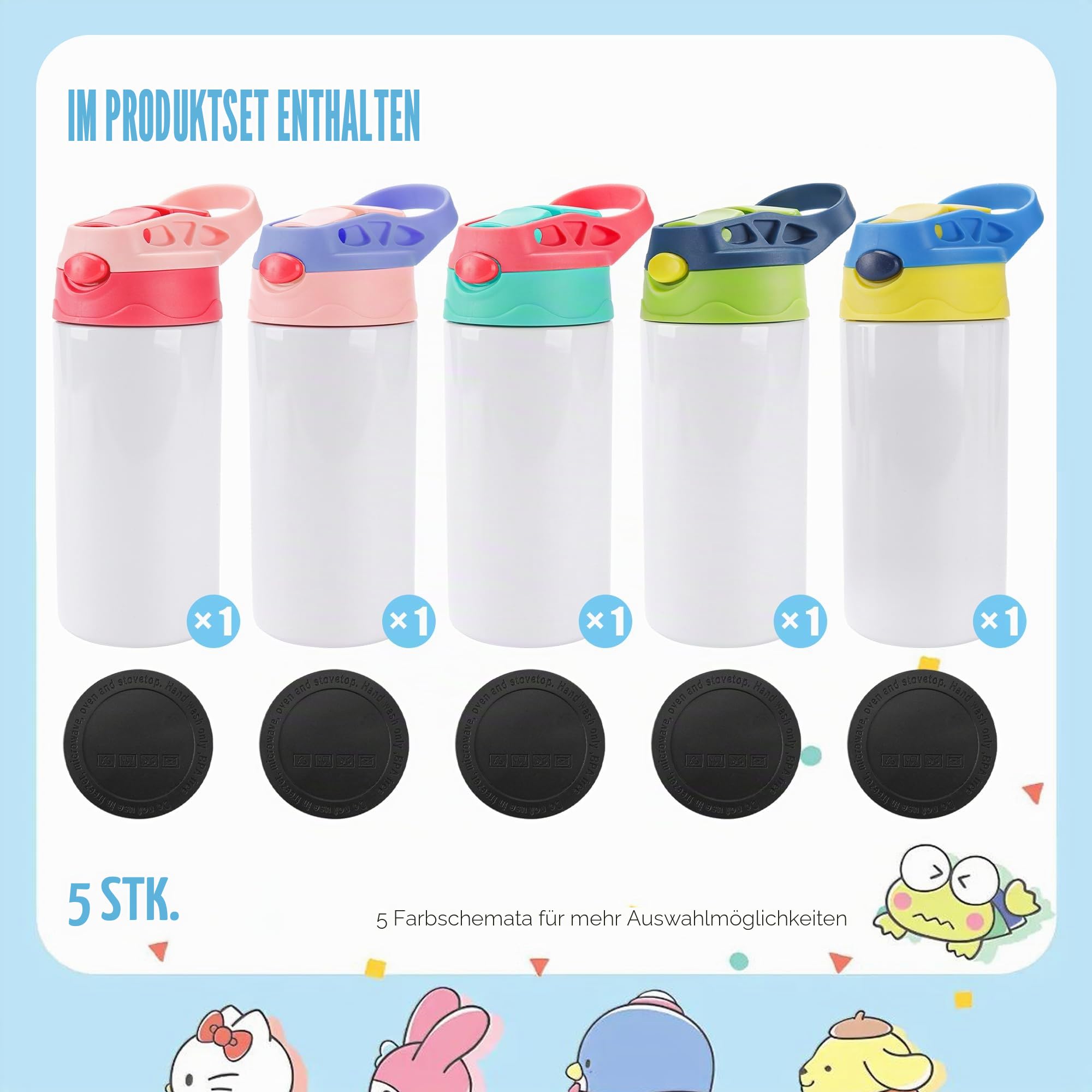 Joyclub Sublimationsbecher für Kinder, 340 ml, 5 Stück | BPA-freier Sublimationsbecher für Kinder mit rutschfester Unterseite, verhindert effektiv Auslaufen oder Verschütten
