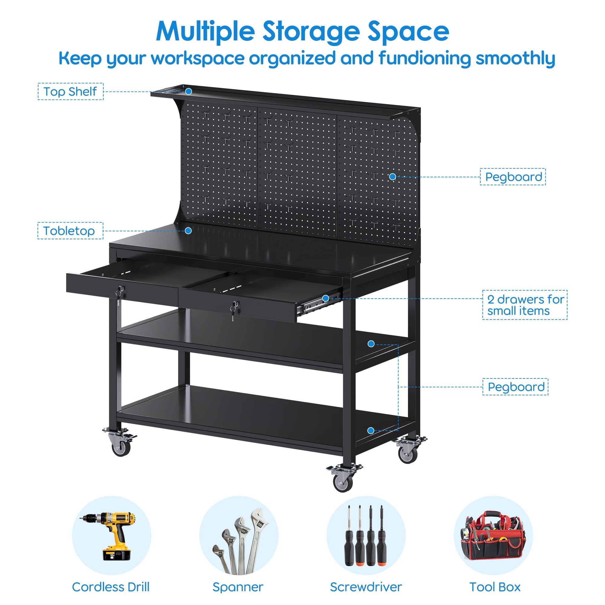 SUPEER Werkbank Metall Bewegbarer mit Hochfeste Räder und Pegboard,1500 x 1000 x 530 mm - 500 kg Tragkraft - 2 verriegelbare Werkzeugschubladen,Heavy Duty Stahl Arbeitsbank/Werktisch