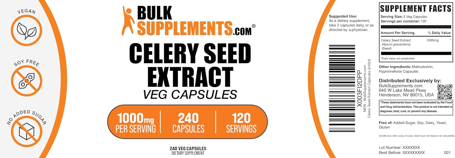BulkSupplements.com Celery Seed Capsules - Celery Seed Supplement, Celery Seed Extract - Gluten Free, 2 Capsules per Serving, 240 Veg Capsules (Pack of 1)