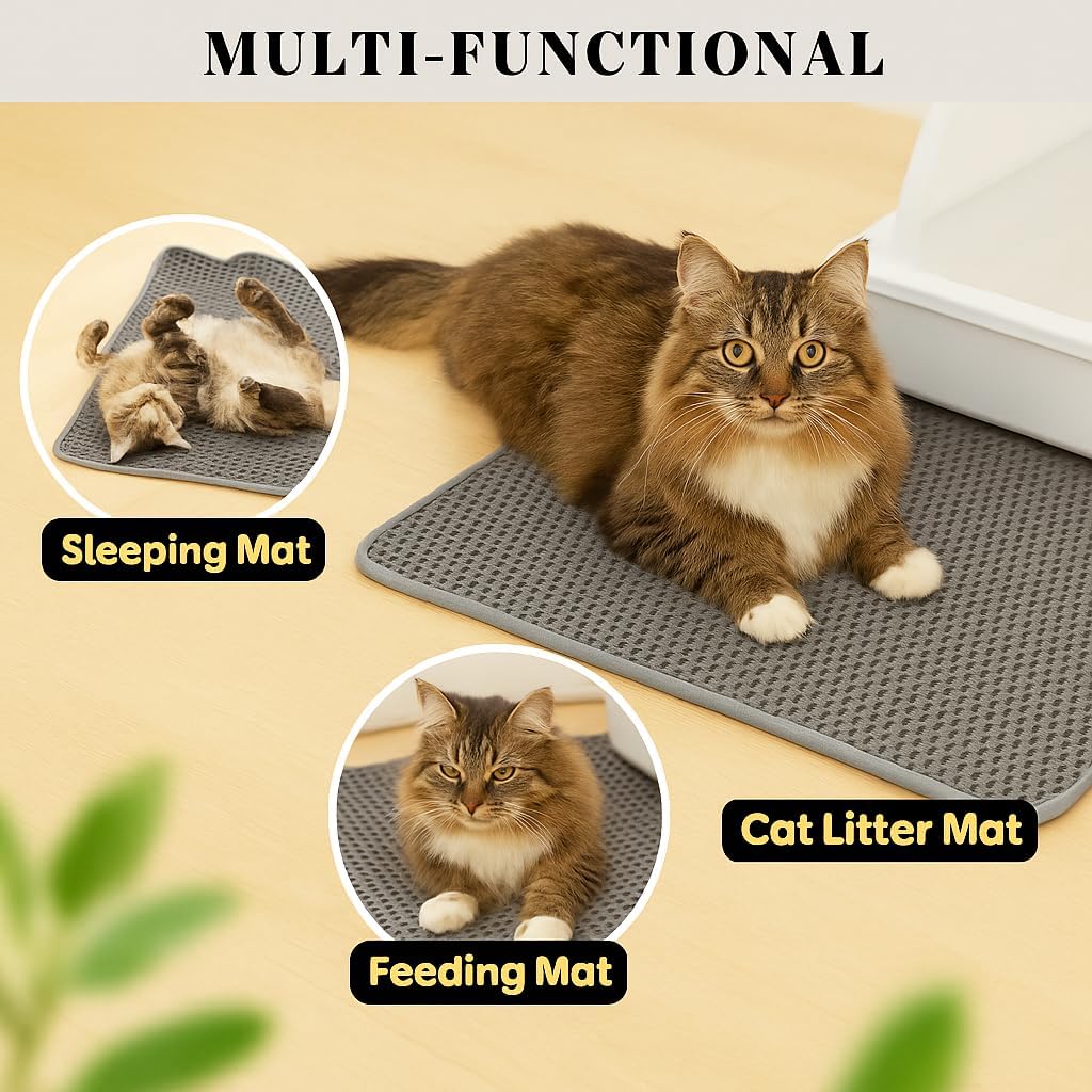 Cat Litter Mat Double Layer Honeycomb Design Non Slip Waterproof Floor Protector Easy to Clean Anti Scatter Pet Rug for Litter Box (Black, XXL(27.56" × 47.24"))
