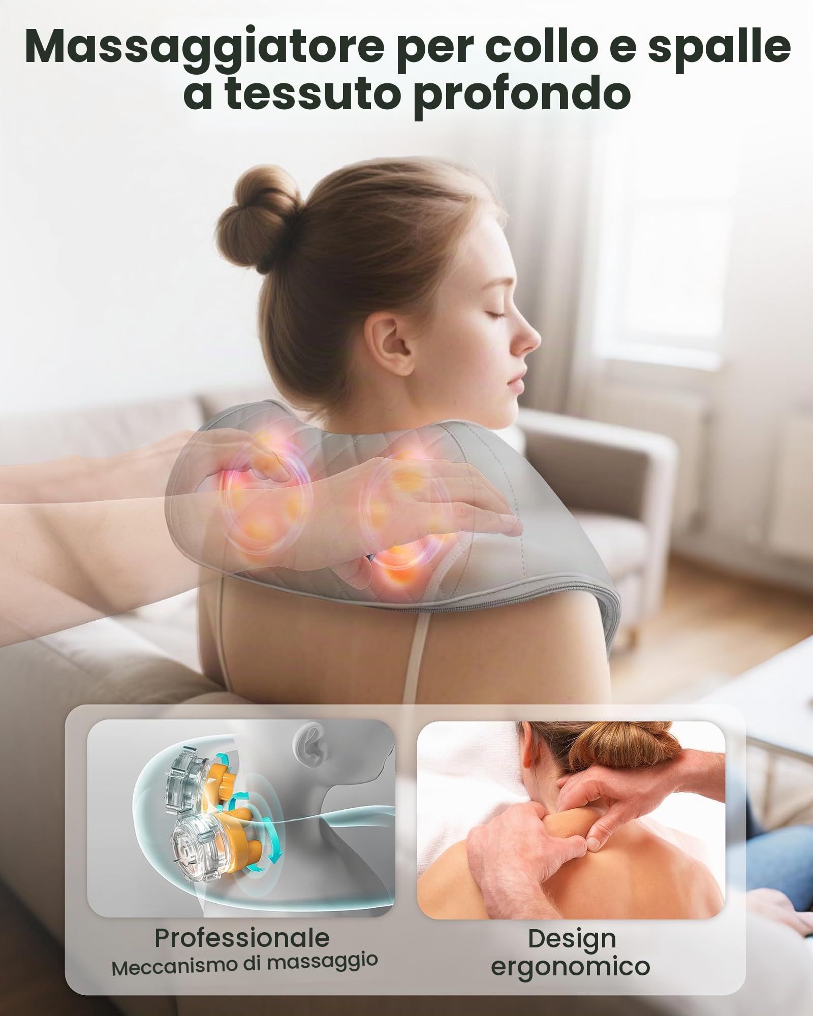 Snailax Massaggiatore cervicale wireless con funzione riscaldante, 4D-Shiatsu con funzione di impastamento, massaggiatore per collo, spalle e schiena, regali per uomini/donne