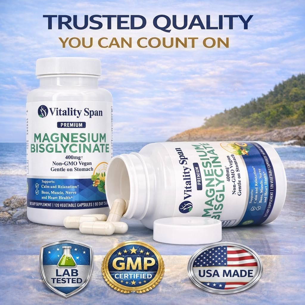 Magnesium Glycinate 400mg, Chelated Magnesium Bisglycinate for Relaxation and Sleep Aid, Extra Strength, with Magnesium Oxide, Gentle on Stomach, Vegan, 120 Capsules, Made in USA