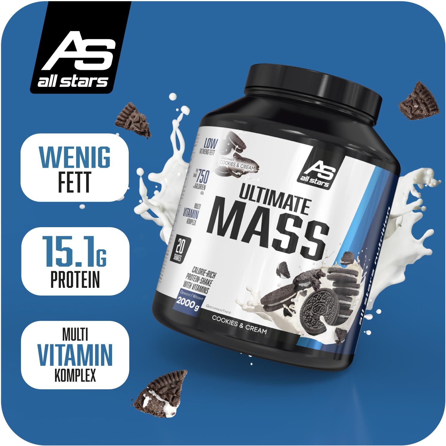 ALL STARS Ultimate Mass - Cookie & Cream - Gainer ad alto contenuto calorico per la costruzione di massa - fino a 366 calorie e 15 g di proteine per frullato - 2000 g