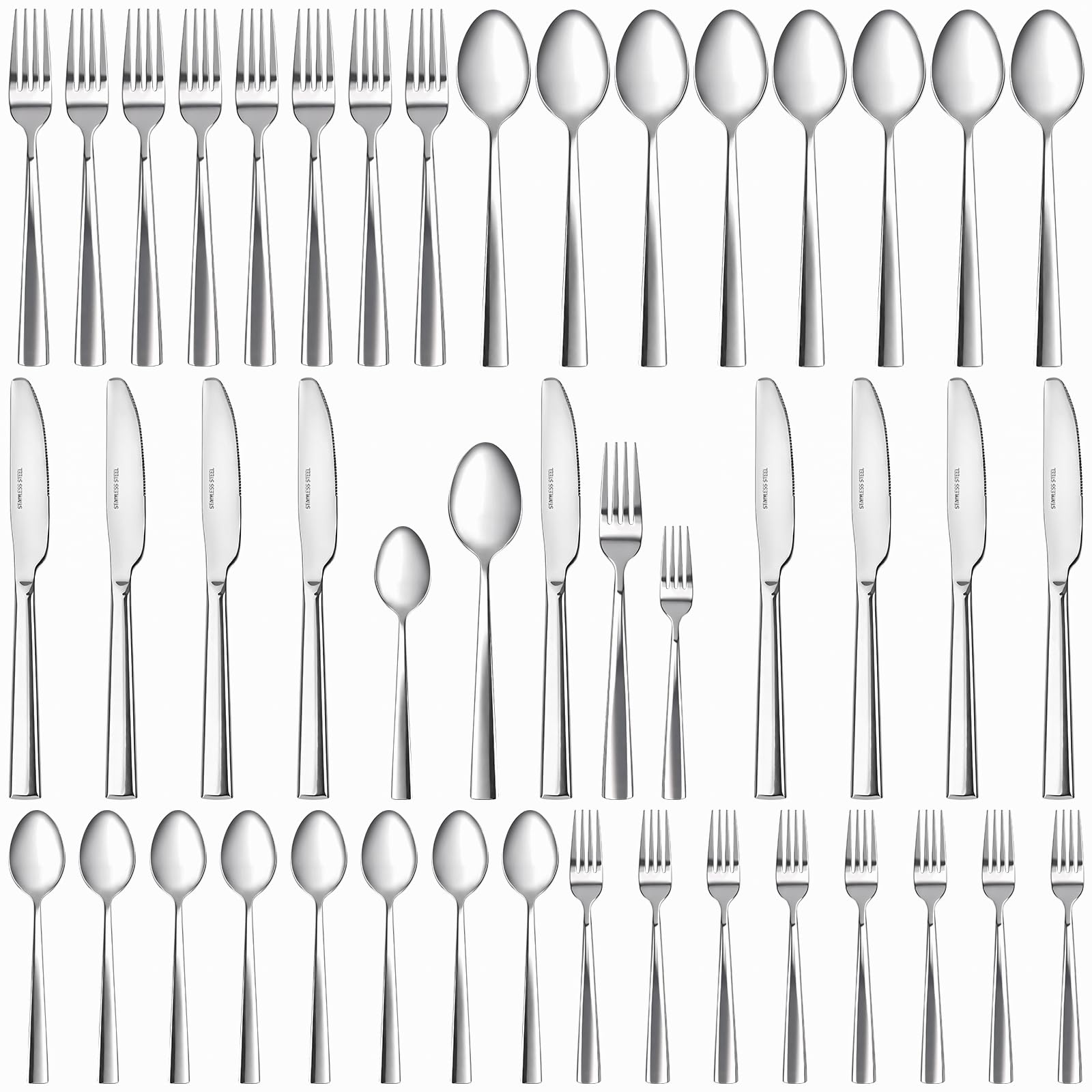 40 Piece Stainless Steel Cutlery Set for 8 People, Dishwasher Safe Silver Knife Fork Spoon Set with Teaspoons and Dessert Forks, Everyday Tableware for Home Kitchen Dining