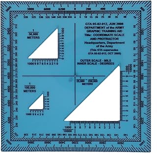 GTA 05-02-012 Jun 2008 - Coordinate Scale & Protractor, a Clear 360 Degree 6400 mils Protractor for Outdoor Navigation with map & Compass, While Hiking, Orienteering & Outdoor Survival.