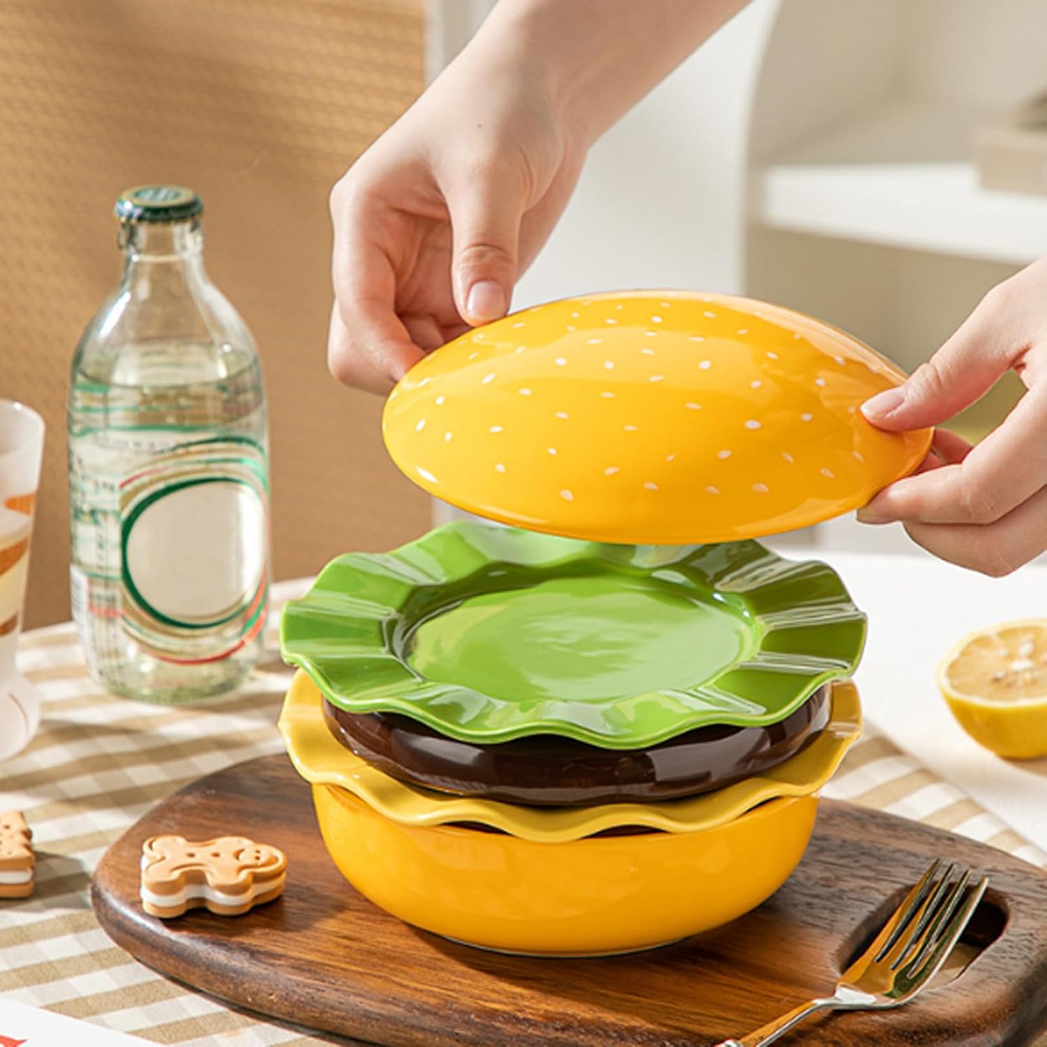 2026 Upgraded Ceramic Hamburger Plate Set,Platos En Forma De Hamburguesa,Burger Plate Set,5-Piece Novelty Stackable Burger Dinnerware Set,Gift For Family And Friends (1 set)