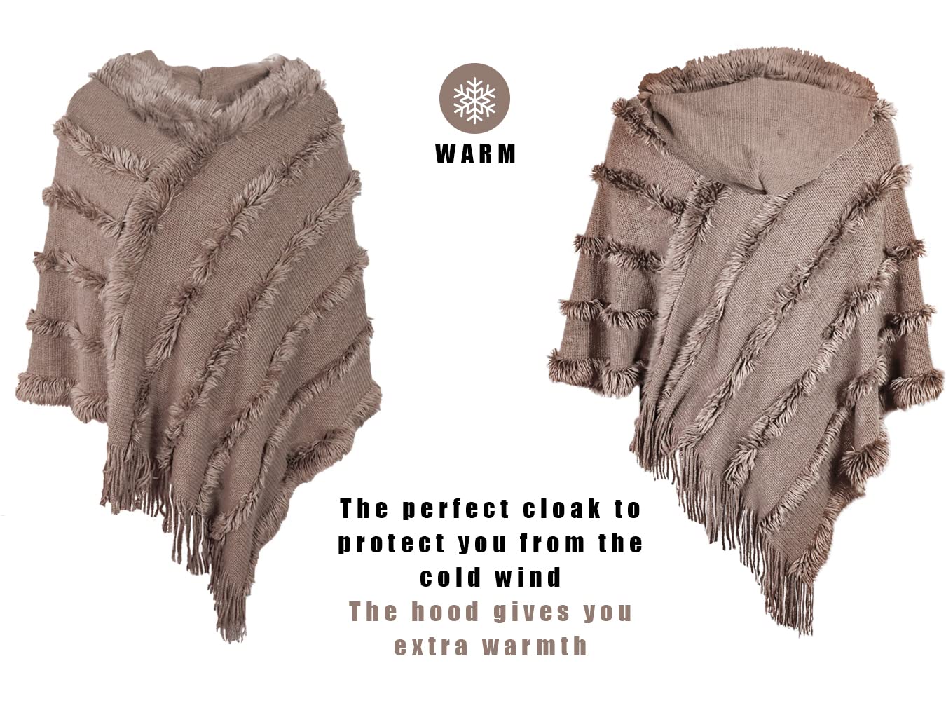 Elegante Maglione Poncho Donna Invernale Poncho con Cappuccio Mantella Scialle Uncinetto con Strisce di Peluche e Franges Scialle della Moda Monocromo Irregular Moda Giovane Top