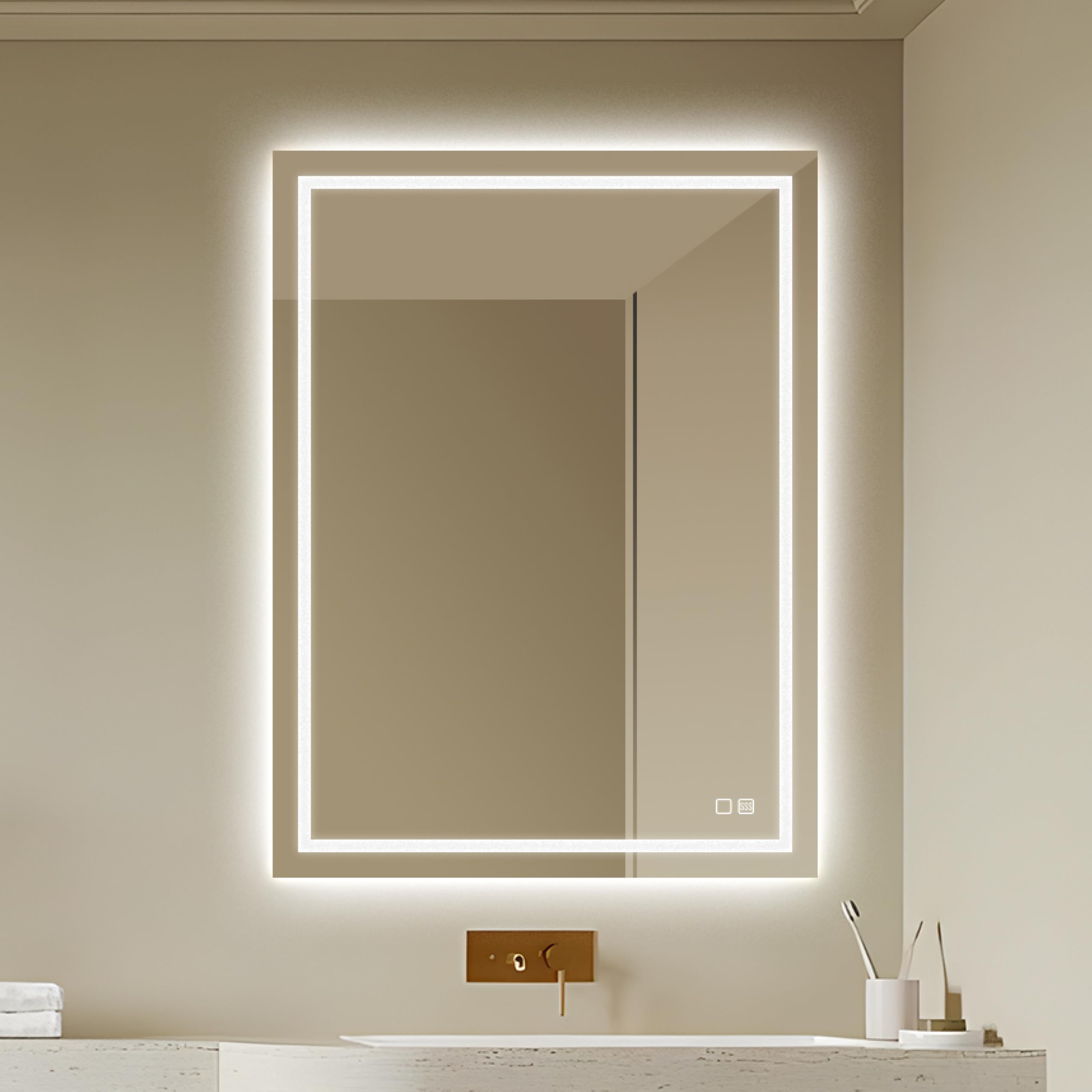 UBUD Espejo de Baño 60x80 cm con Luz LED - Antivaho, Regulable y 3 Colores de Luz, Memoria, IP44 - Montaje Horizontal/Vertical, Vidrio Anti-Estallido - Diseño Moderno, Maquillarse/Afeitarse