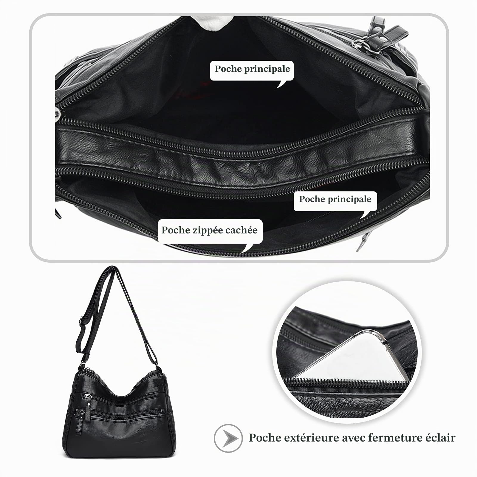 Femme Sac Bandouliere Multi-Poches Sac D'épaule Sac de Messager Imperméable en Cuir Sac à Main pour Travail Voyage Achats Usage Quotidien