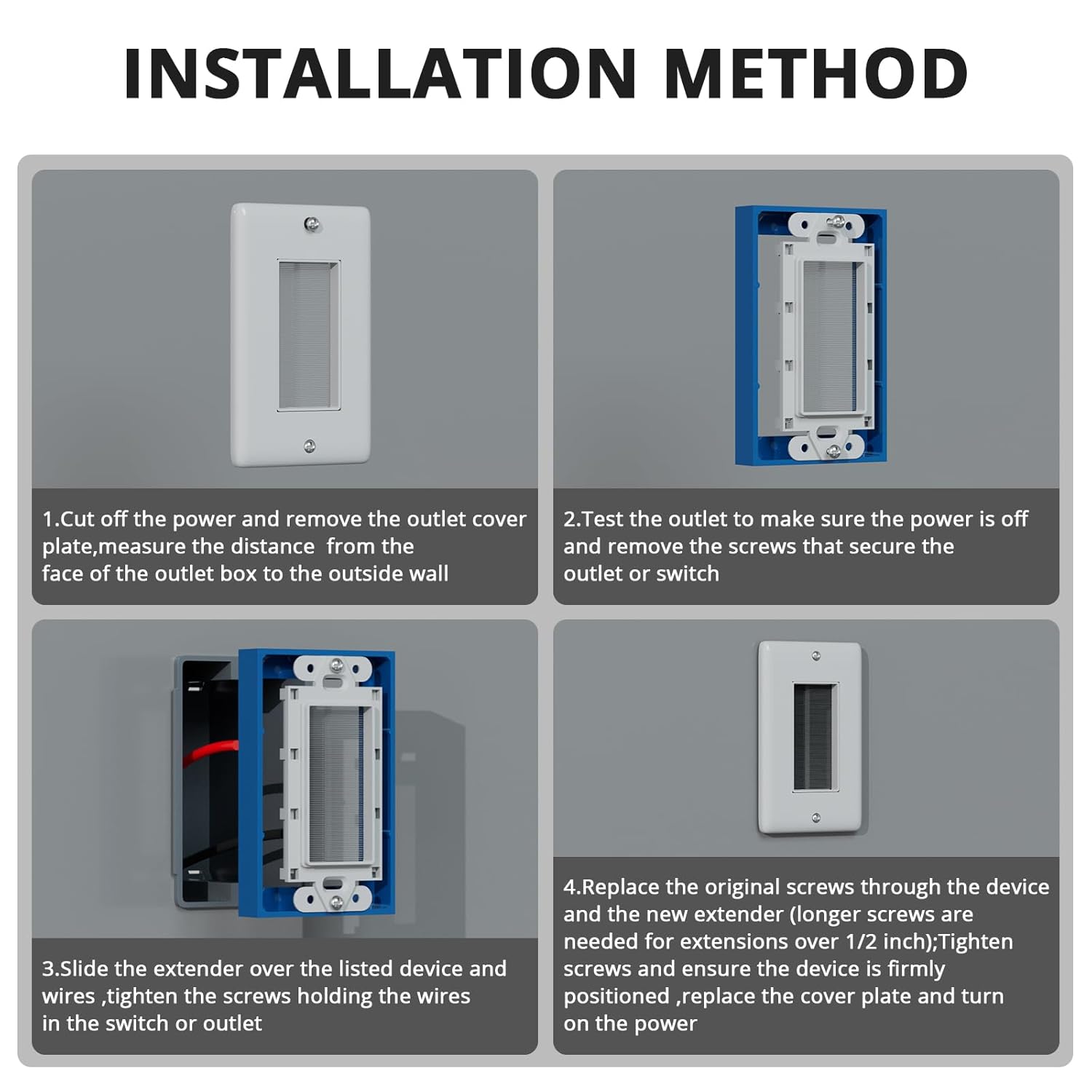 XIUTE 2 Pack Blue ABS Material Electrical Box Extender 1 Gang,Junction Box Extender 1/2 Inch for Electrical Box and Electrical Outlet Switches,Include 4 Screws for Easy Installation