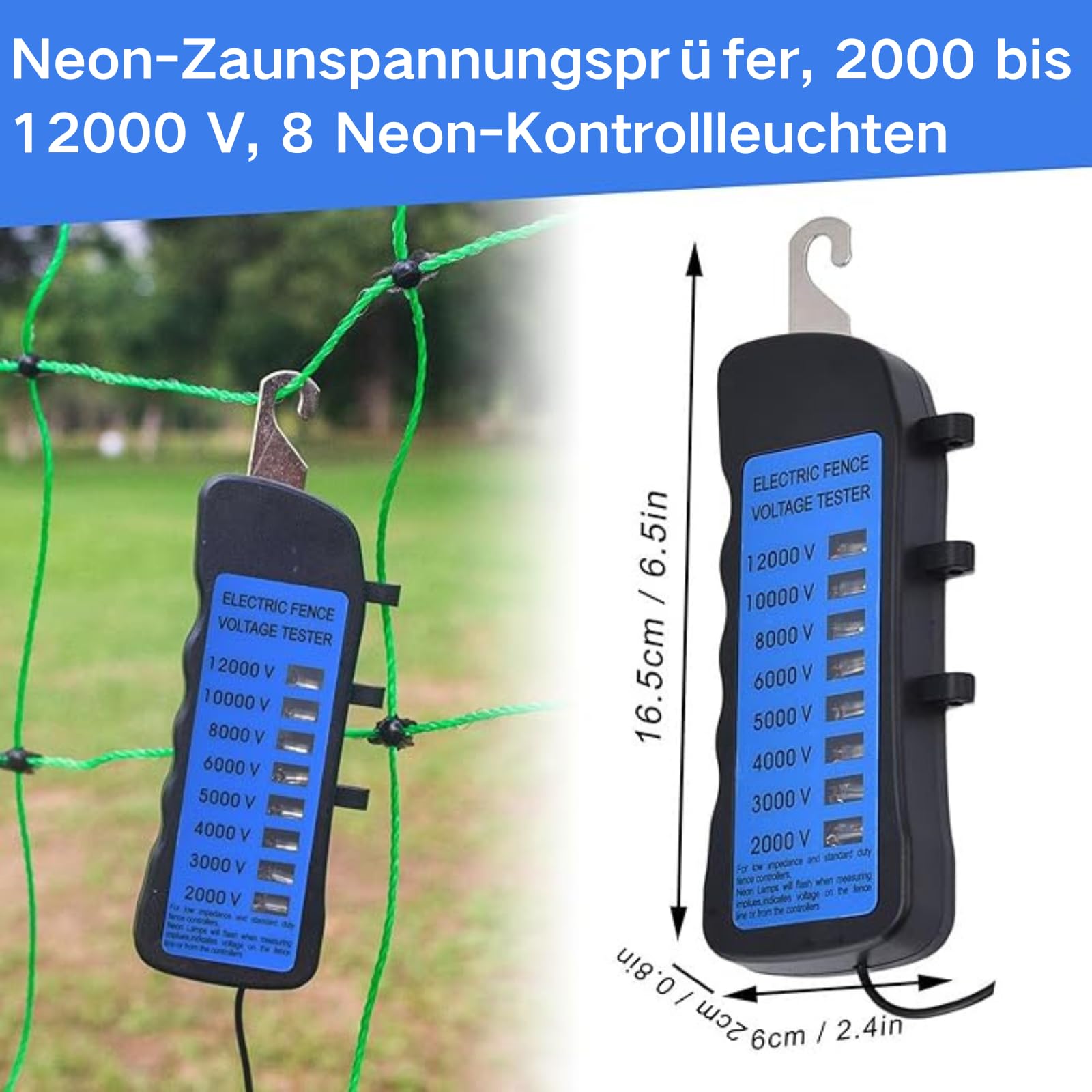 Probador de Voltaje de Cerca de 12 KV, Probador de Voltaje de Cerca Eléctrica, 8 Luces Indicadoras de Neón, Mini Probador de Cerca Eléctrico Portátil, Buscador de Fallas de 2000 a 12000 V