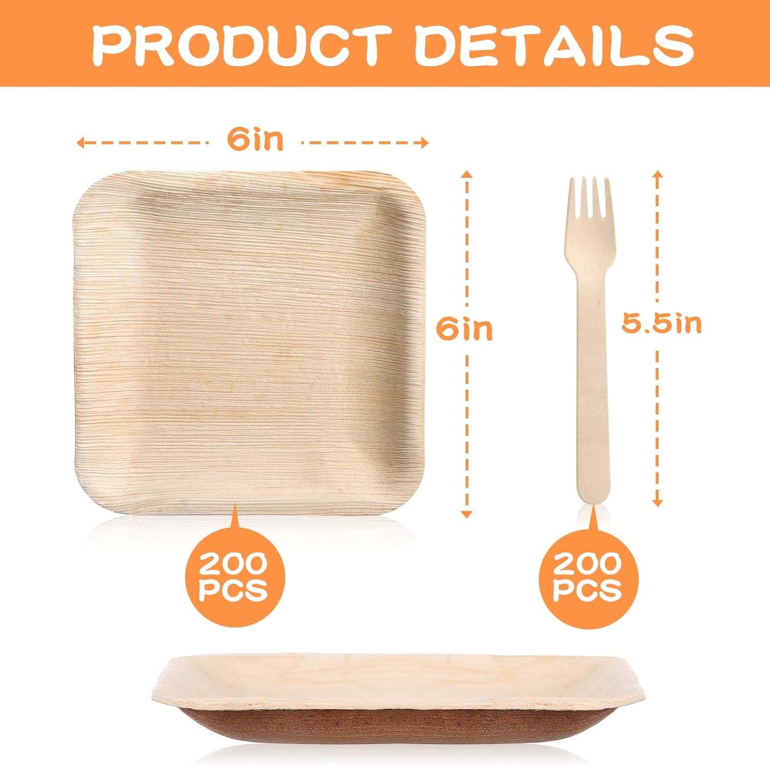 Irenare 400 Pcs 6 Inch Palm Leaf Plate Set, Compostable Grease Resistant Square Plates, Wooden Forks, Wooden Dinnerware, Disposable Wood Alternative Bamboo Plates