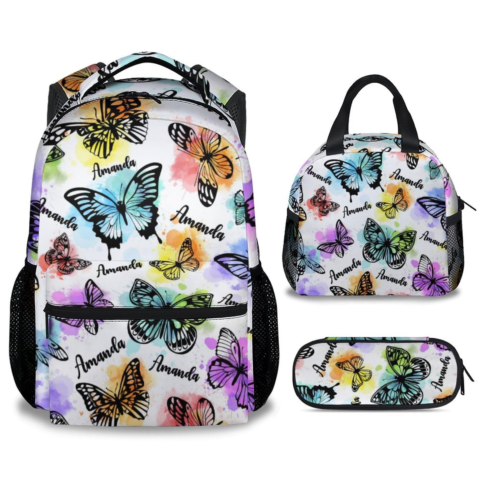 GIHSWE Custom Butterfly Backpack with Lunch Box, Personalized Set of 3 School Backpacks Matching Combo, Cute Lightweight Colorful Bookbag and Pencil
