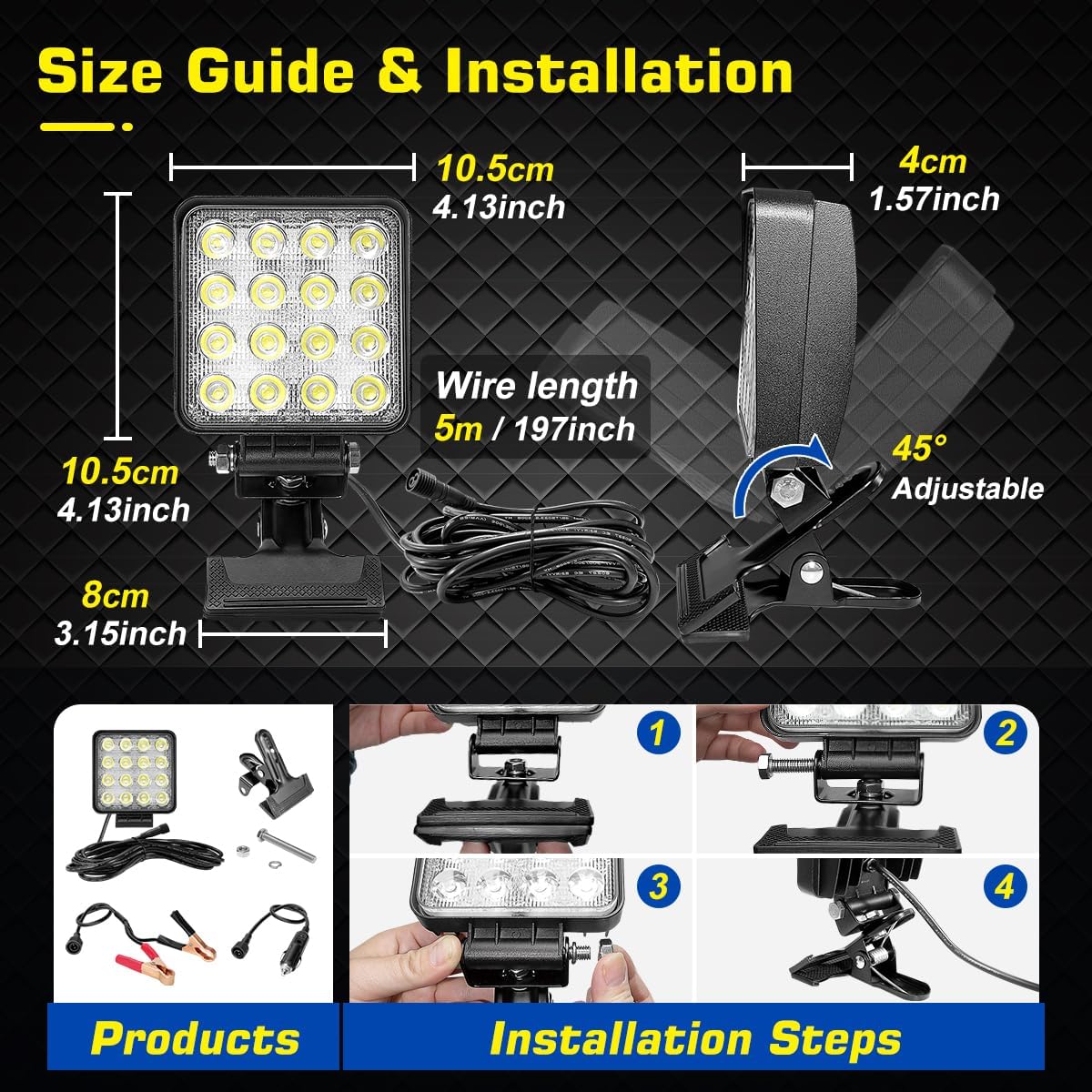 WFPOWER LED Boat Spotlight with Clip, Super Bright Headlights with Clamp, Boat Spreader Led Pod 48W 12V Marine Lights for Kayak Bass Jon Fishing T-Top Deck Dock Truck Car Lights 4X4 SUV
