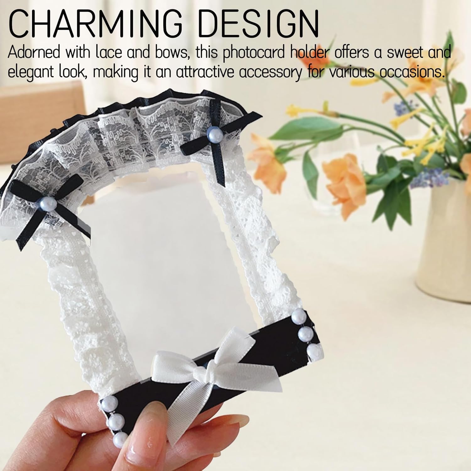 Lace Bows Photocard Holder Protective Sleeves - Lovely Display Case for Photos, Credit Cards, Student IDs, and More (Black)