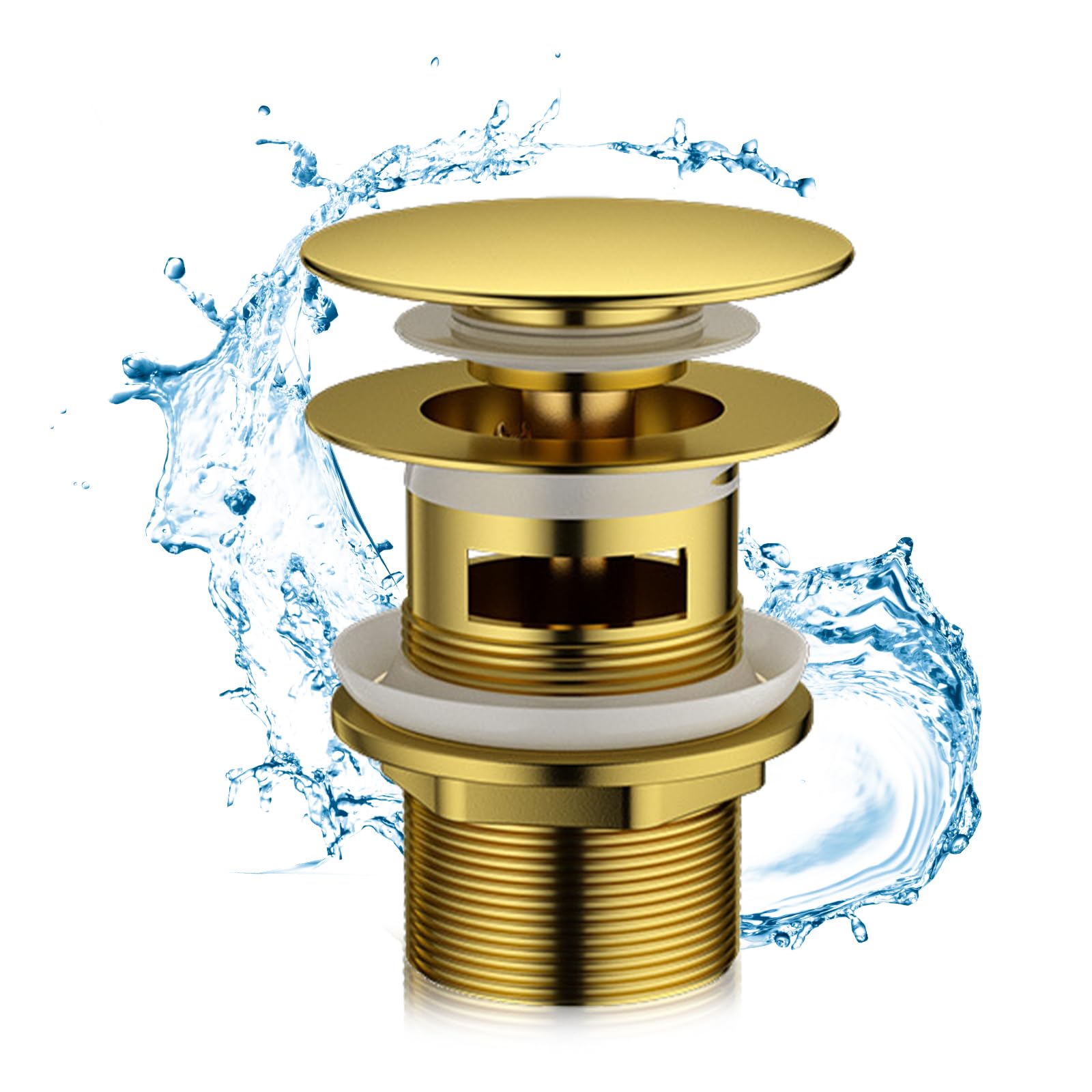 Gold Basin Waste Slotted Bathroom, Brass Pop Up Sink Waste Polished Brushed Click Clack Sprung Plug with Overflow for Bathroom Basin Vessel Sinks