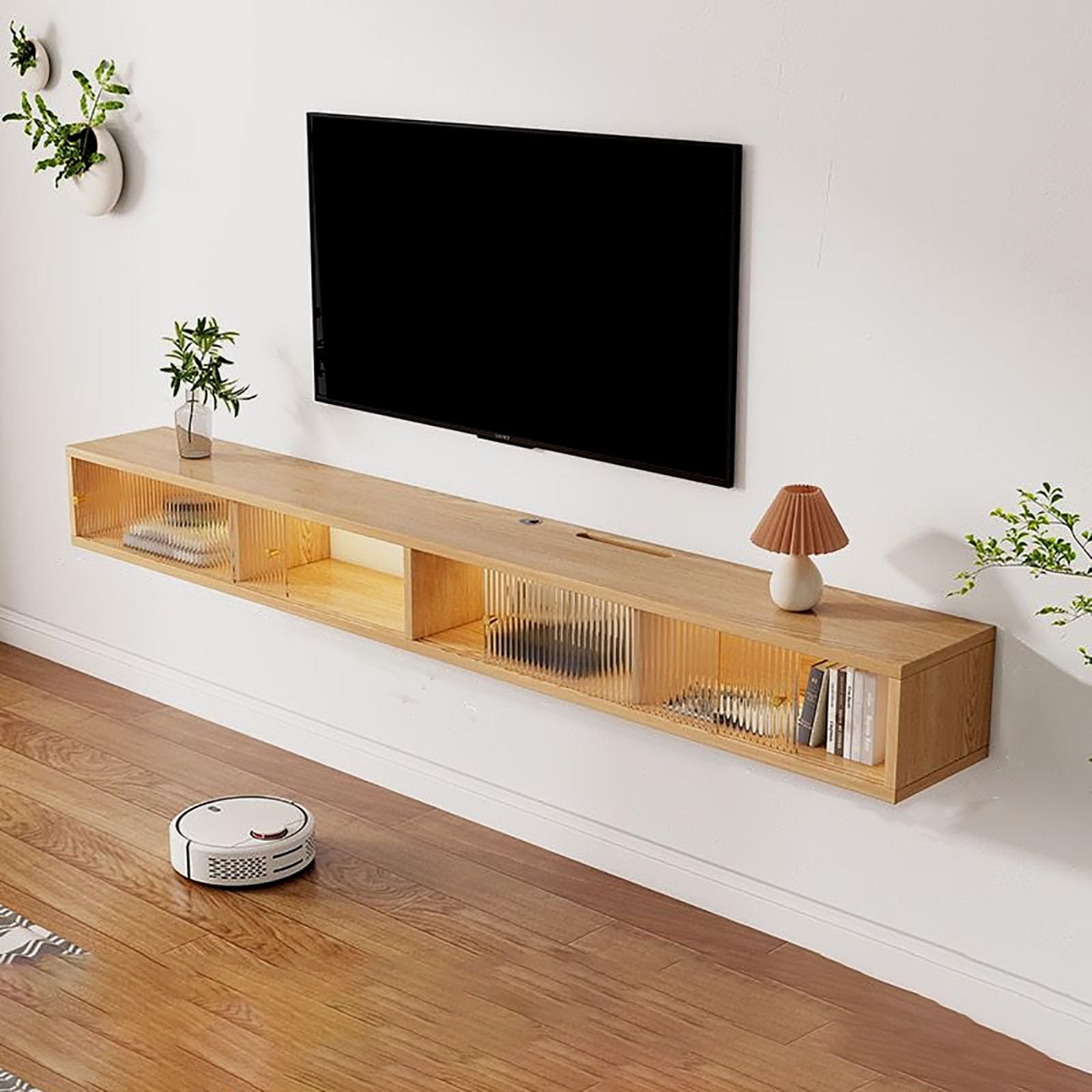 Soporte flotante para TV montado en la pared con estante de almacenamiento de vidrio arcoíris, centro de entretenimiento moderno para sala de estar, elegante decoración del hogar, diseño de ahorro de
