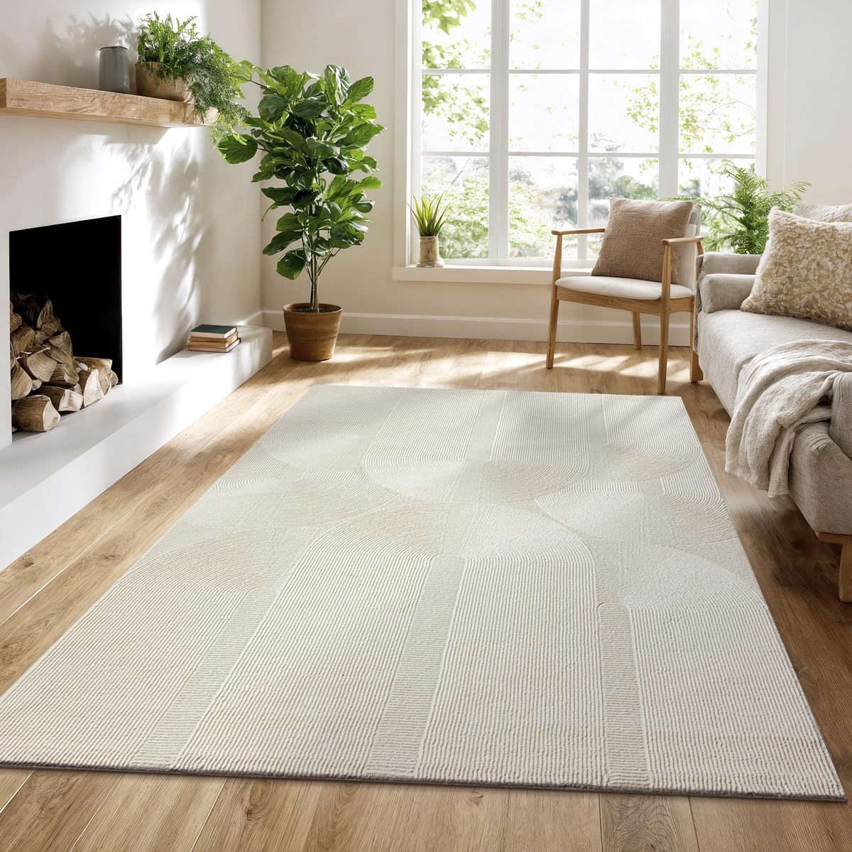 the carpet Lima Tappeto di design sostenibile ed ecologico, morbido e facile da pulire, effetto 3D, lavabile, pile 100% poliestere riciclato, crema, 160 x 230 cm