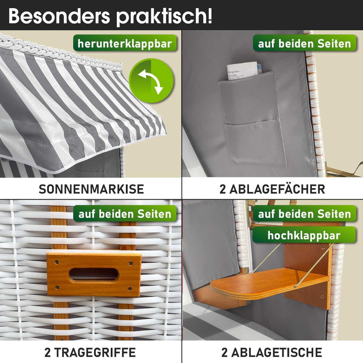 BRAST® Strandkorb Norderney Deluxe für 2 Personen | 120cm breit | 4 Designs | inkl. wetterfeste Abdeckhaube | verstellbare Rückenlehne Fußkissen | Grau/Weiß - gestreift