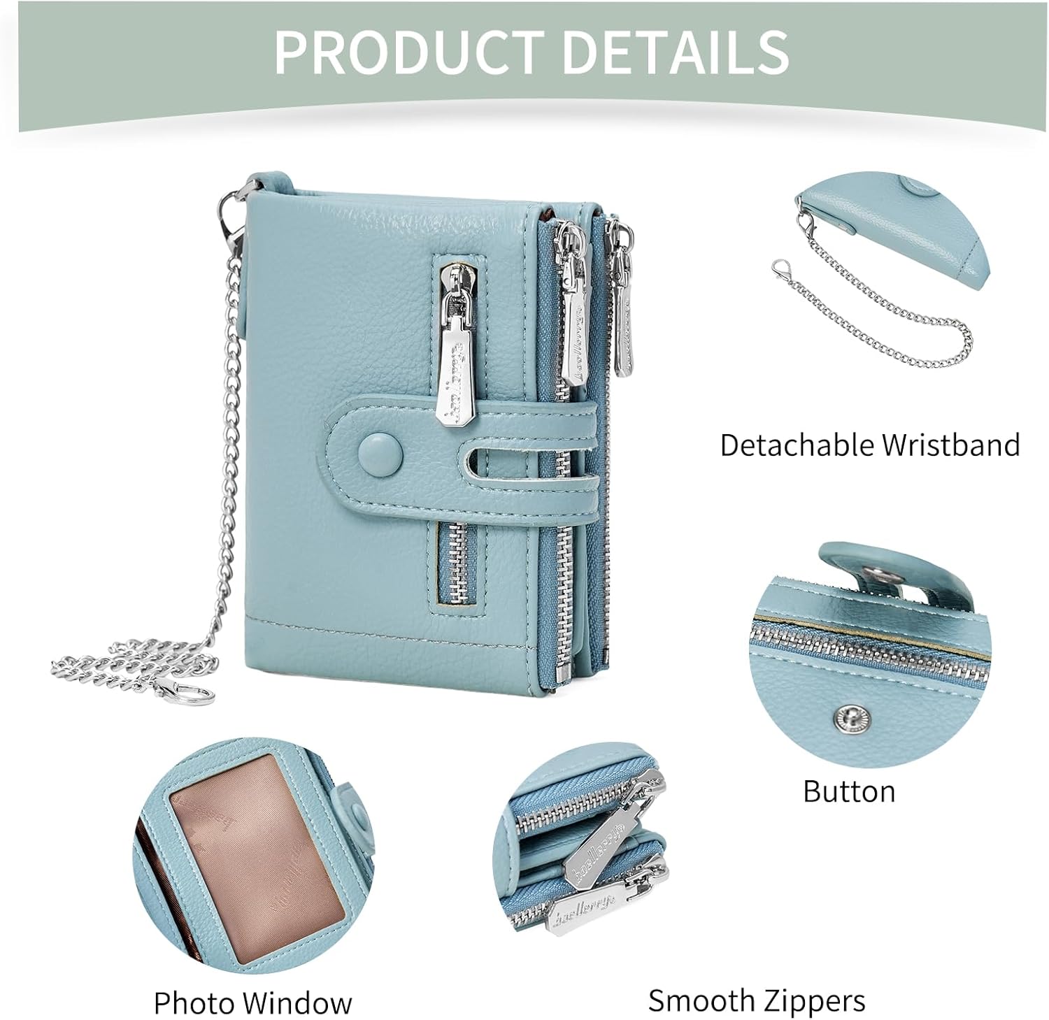 Small Women's Wallet Bifold Card Holder with 2 Zipper Coin Pockets Chain Wallet for Women Soft Leather - Image 4