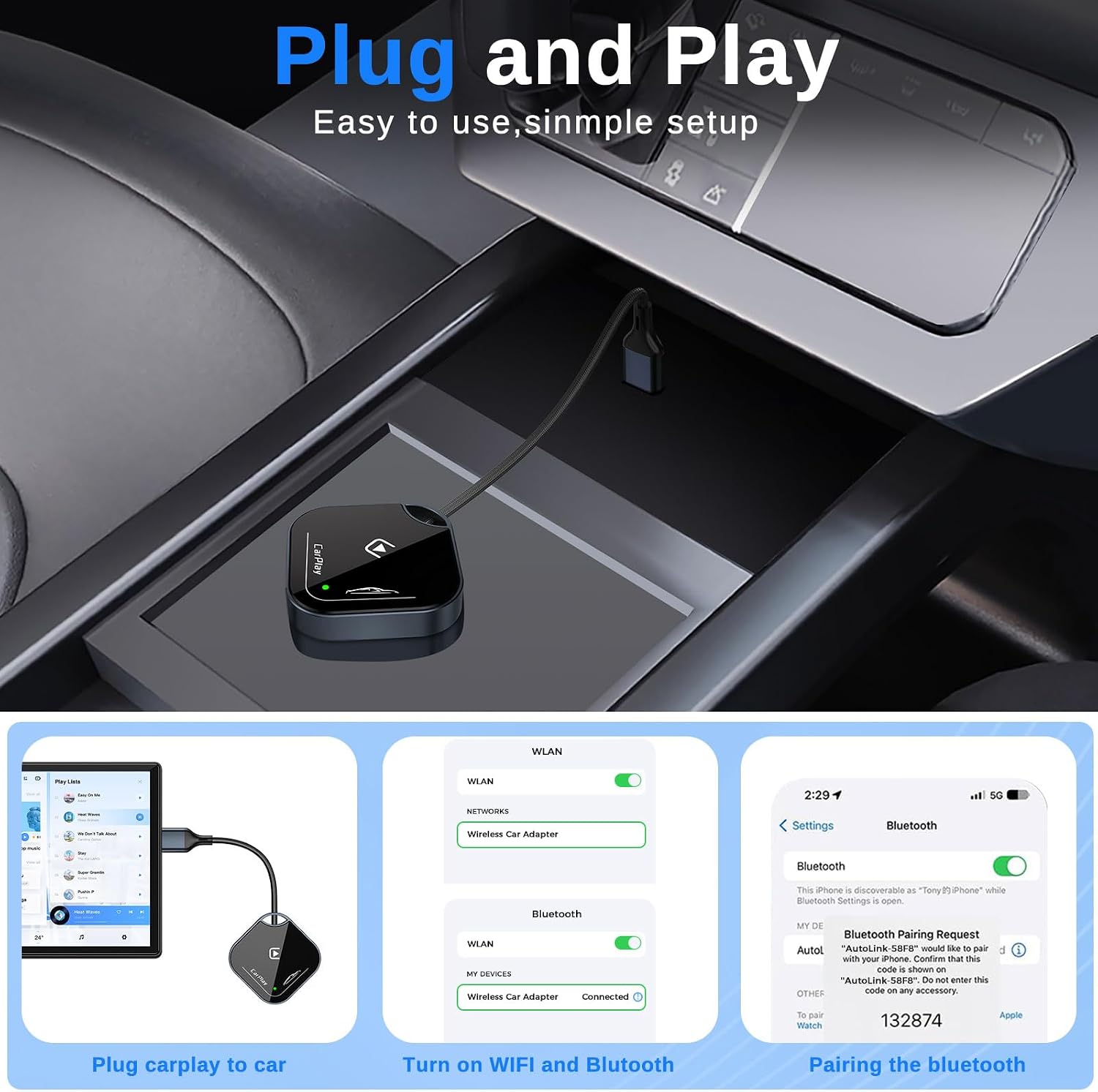 Wireless CarPlay Adapter for Apple iPhone-No Latency, Plug&Play, Stable Connection for Cars with Built-in Wired Apple CarPlay, Plug and Play CarPlay Wireless Adapter for iPhone 6~17, Fit for 800+ Cars