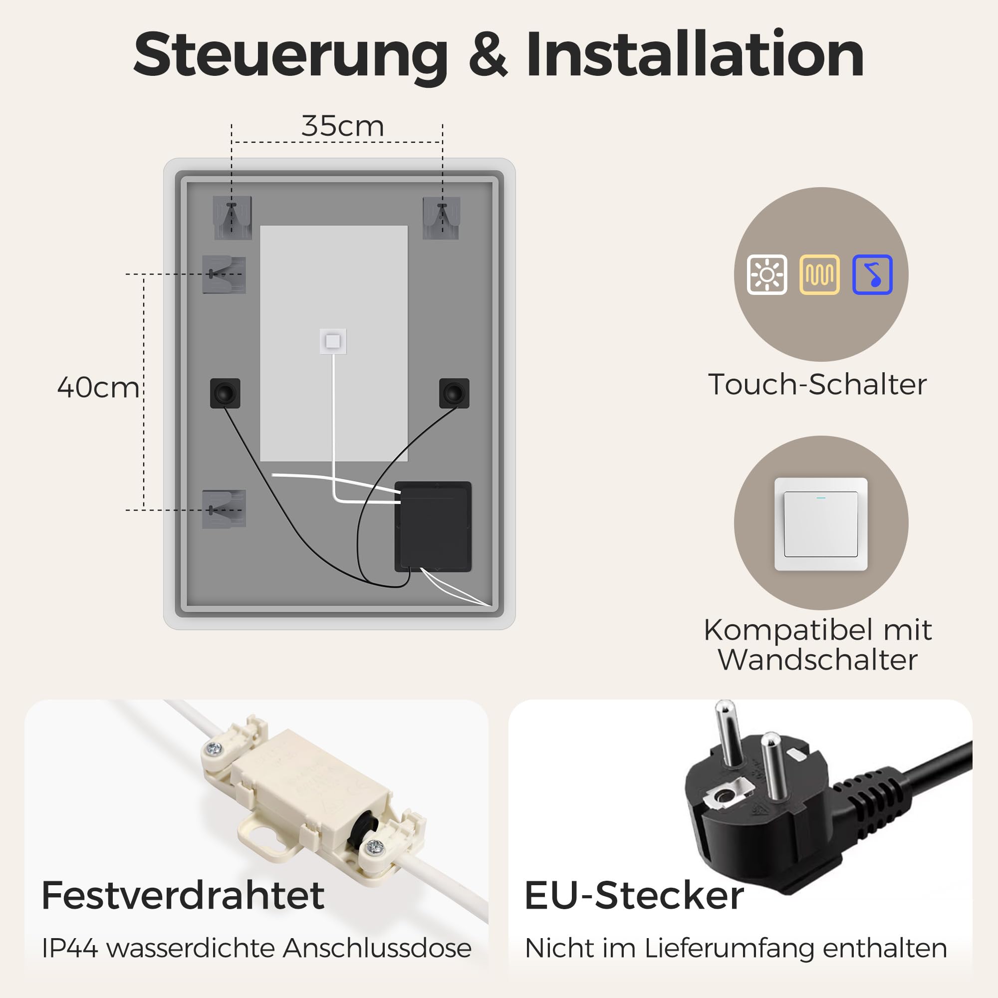 STARLEAD Bluetooth Badezimmerspiegel-mit-Beleuchtung 80x60cm, Dimmbar, 3 Lichtfarben, LED-Spiegel-Bad mit Entfoggen, Speicherfunktion, IP44 Hartglas Bad-Spiegel-mit-Licht, Horizontal/Vertikal
