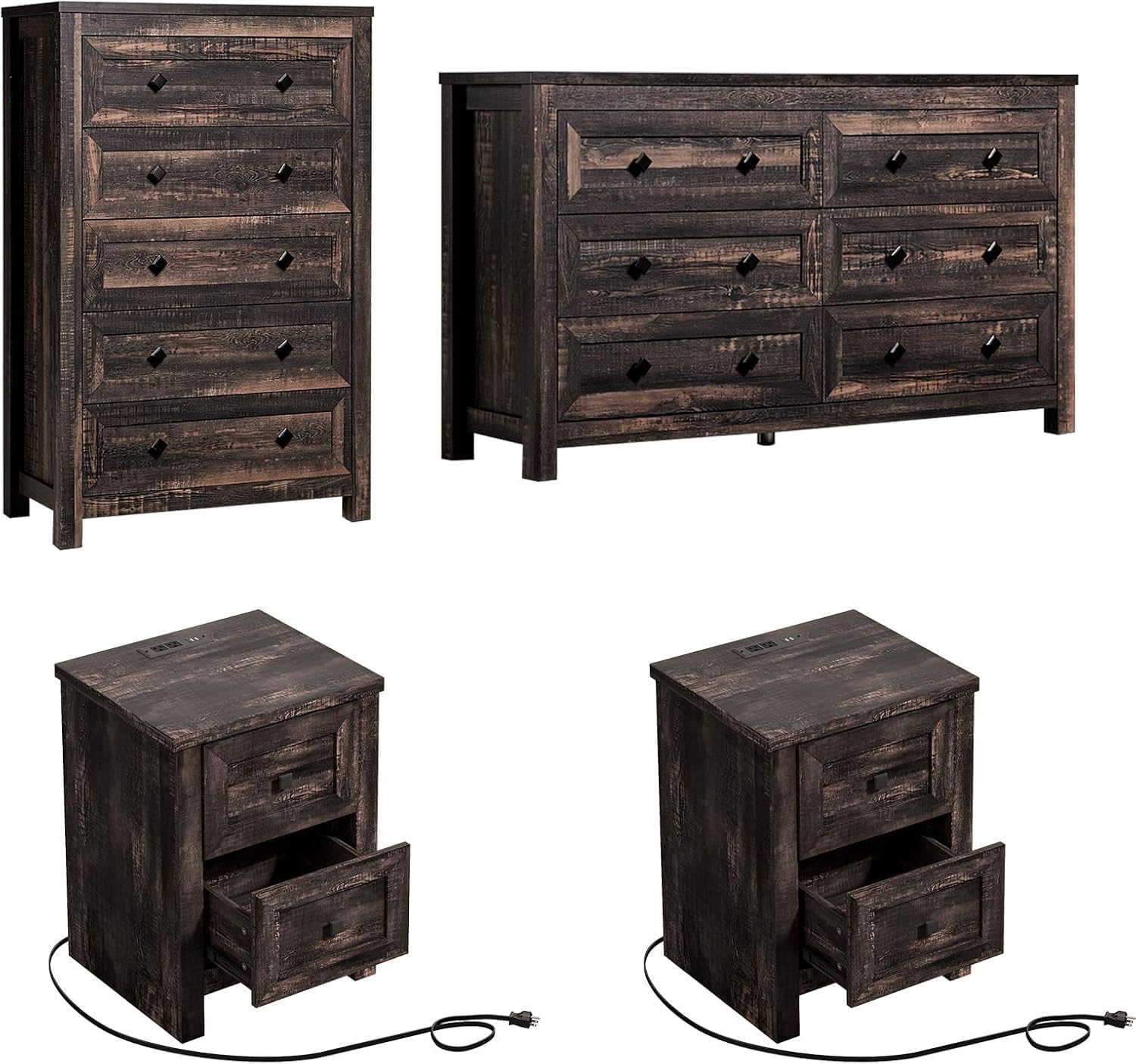Farmhouse Bedroom Furniture 4 Pieces, 1 X Wood Rustic 6 Drawer Storage Dresser, 1 X 5 Drawer Dresser, Nightstand Set of 2 with Charging Station, Farmhouse Bedroom Set, Black