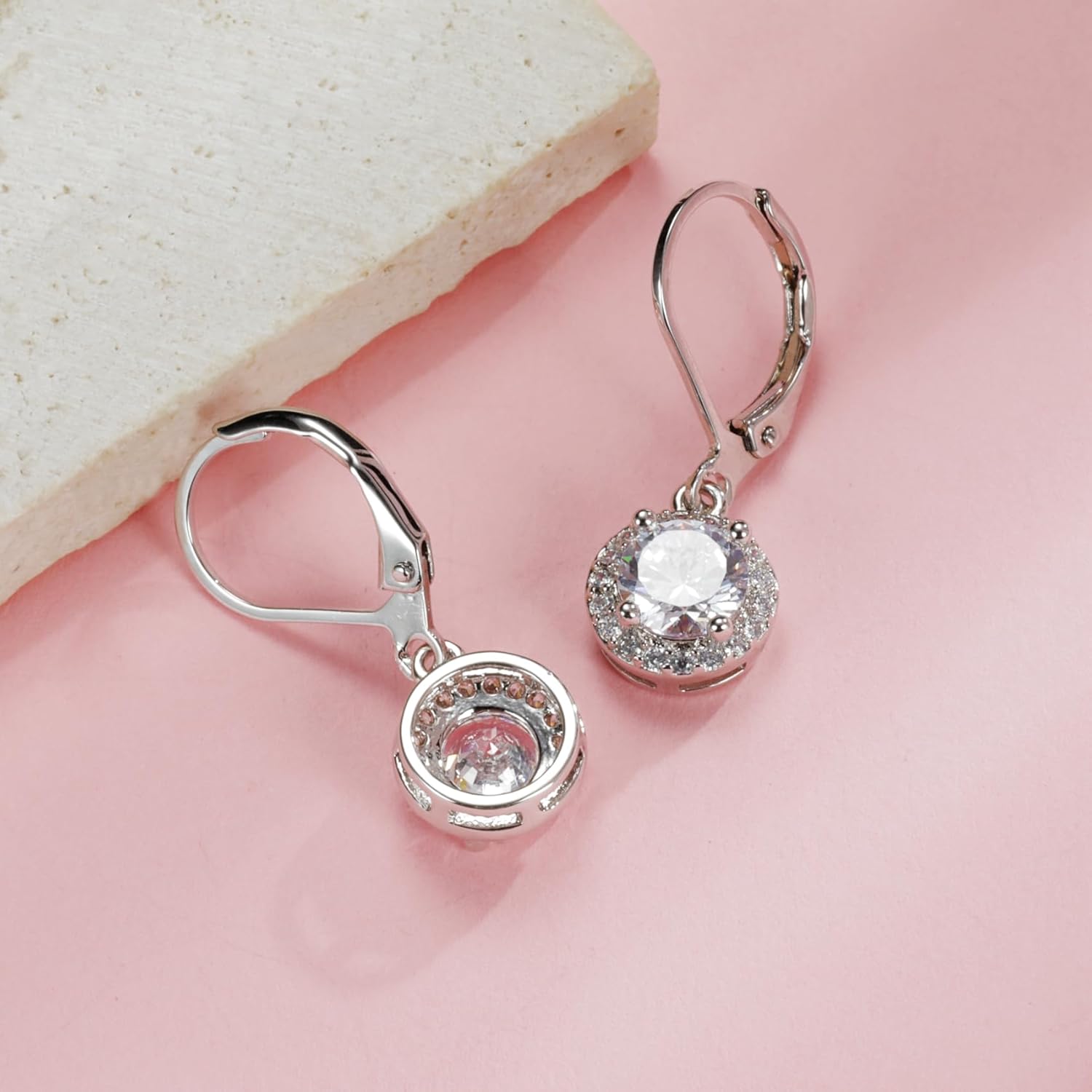 2-4 Pairs Dangle Earrings Set White Gold Plated Round Square Heart Cut Clear Cubic Zirconia Halo Drop Earrings for Women - Image 8