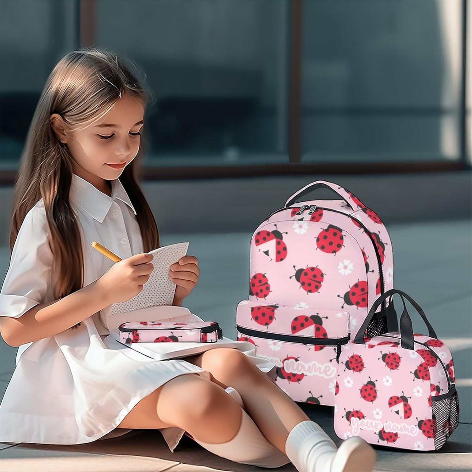 Custom Ladybug Kids Backpack with Lunch Box, Set of 3 School Backpacks Matching Combo, Cute Pink Bookbag and Pencil Case Bundle