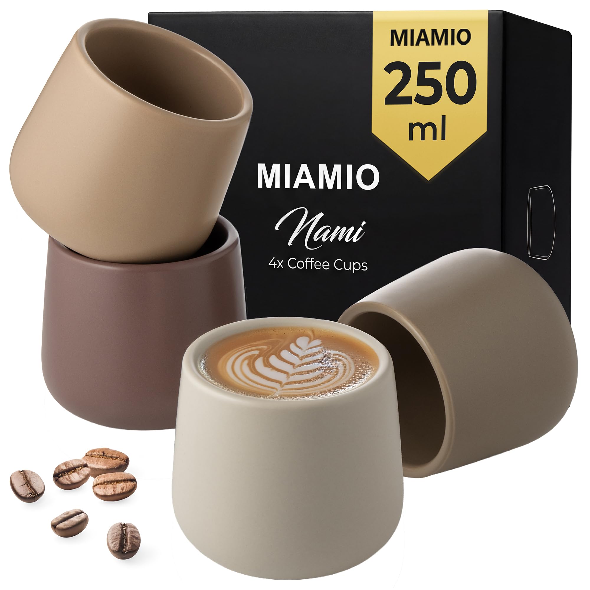 MIAMIO - Ceramic Cup Set of 4 (250 ml) / Ceramic Cups Without Handles/Coffee Mugs, Coffee Cups, Cappuccino Cups (Beige Canyon)