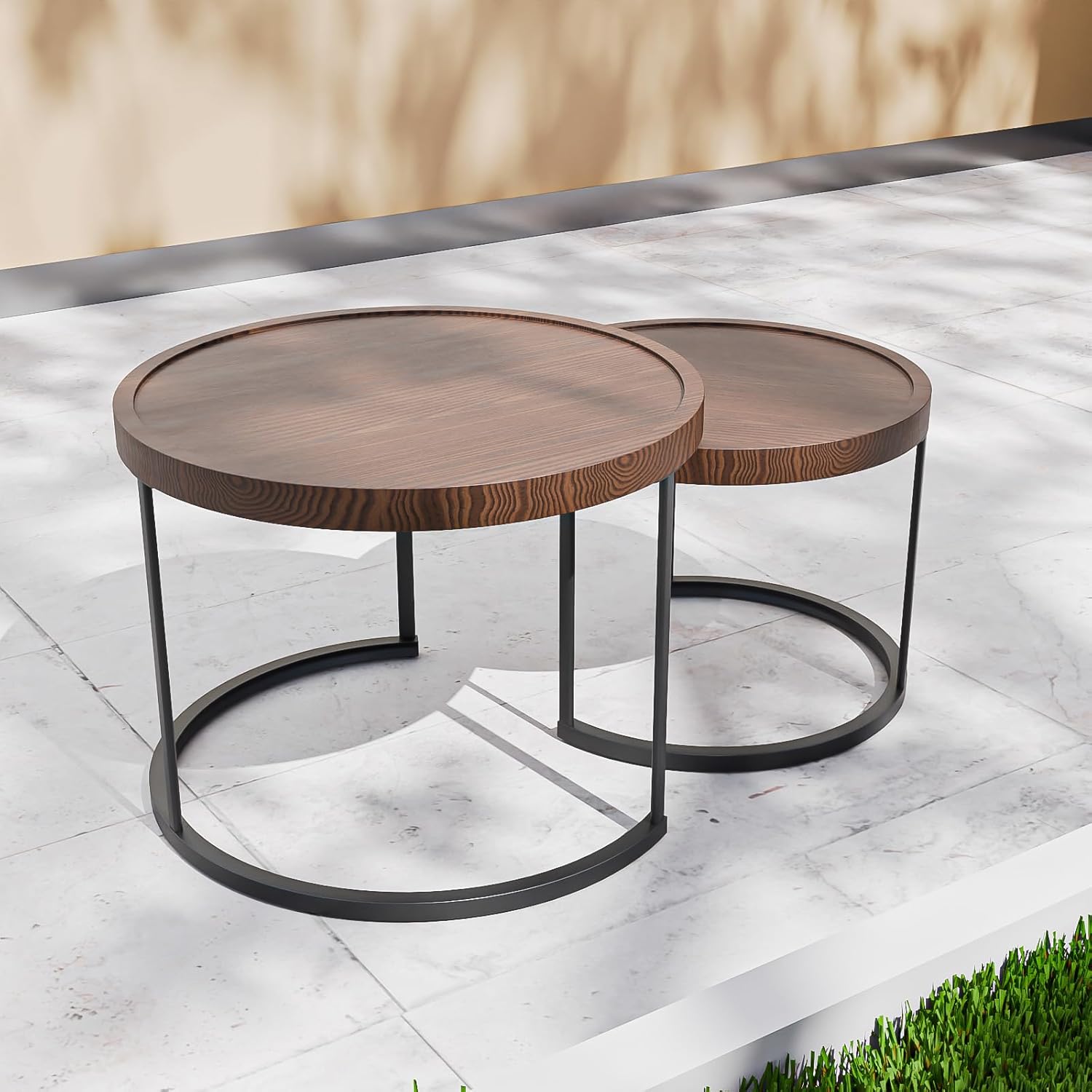 Cabana Chic Nesting Tables for Indoor Outdoor, Round Patio Side Tables, Nesting Coffee Table Set of 2, Brown