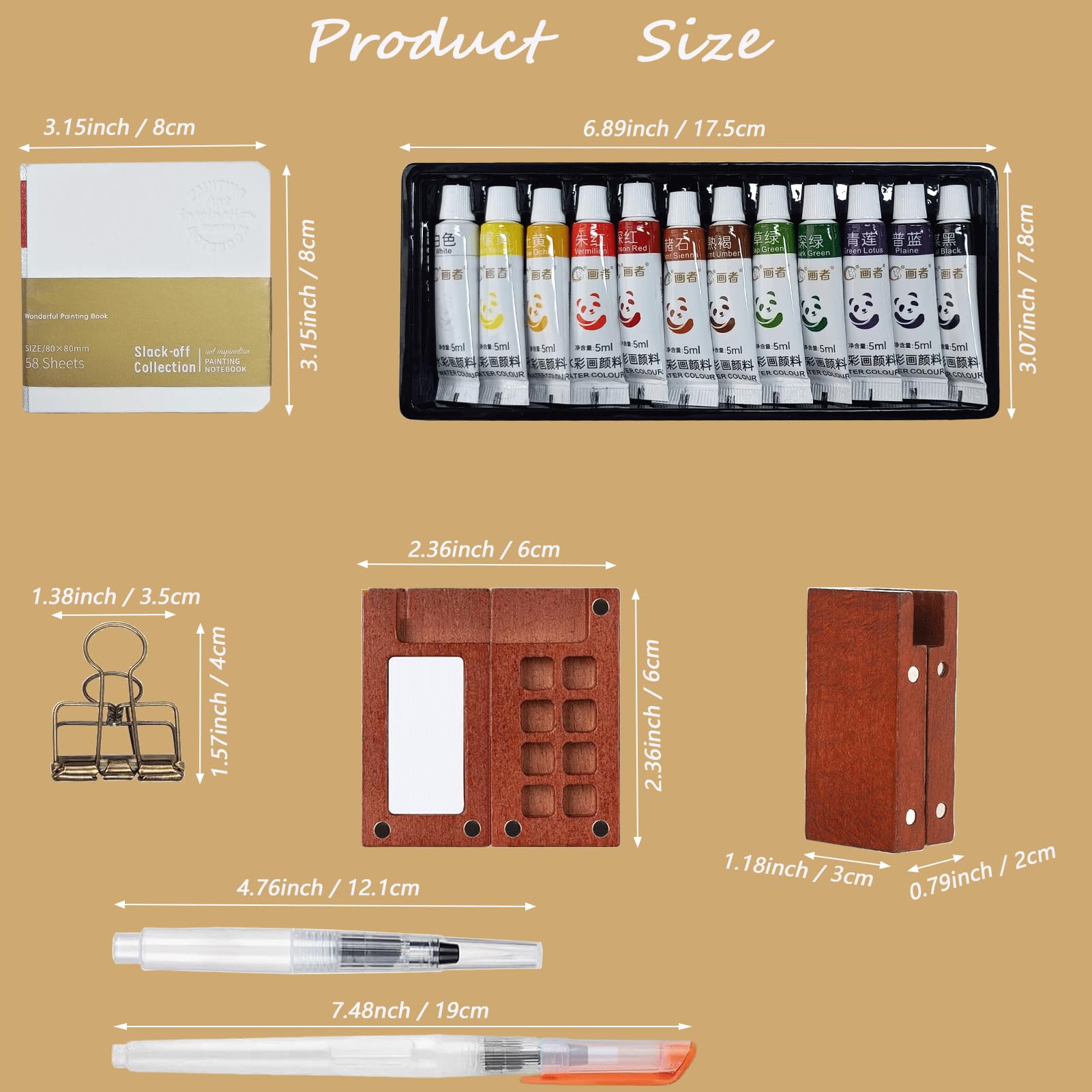 Pocket Artist - Juego de viaje de acuarela, con 1 paleta portátil de madera de nogal (8 rejillas), 12 pinturas vibrantes, 2 libros de bocetos, 5 bolígrafos de pincel, mini juego de pintura de acuarela