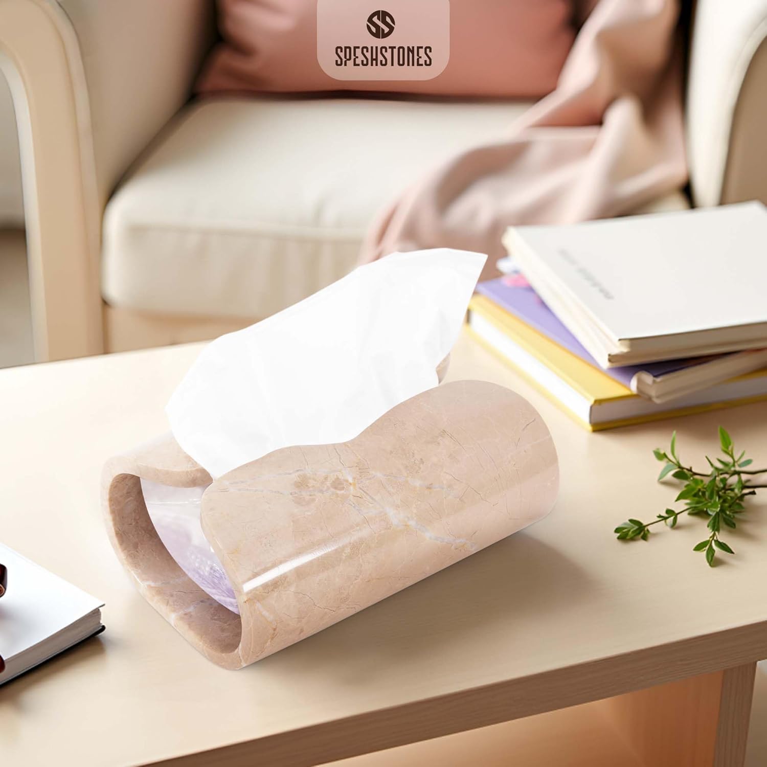 Marble Tissue Box Cover 7.5 Inch Handmade Beige Stone Tissue Box Holder Rectangle for Modern Bathroom Decor & Home Organizer, Facial Tissues Boxes Holder for Bedroom & Living Room