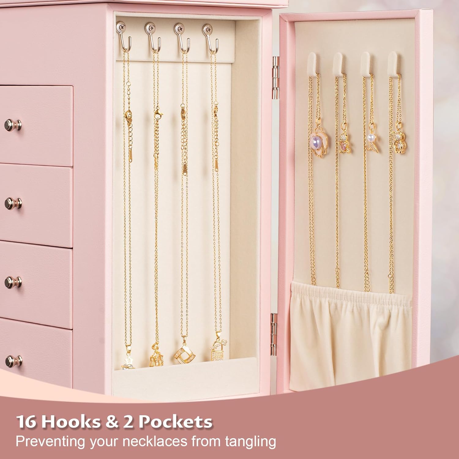 Emfogo Jewelry Boxes for Women, 5-Layer Large Leather Jewelry Organizer Box with Mirror and Drawers, Jewelry Storage for Necklaces Earrings Rings Bracelets (Pink)